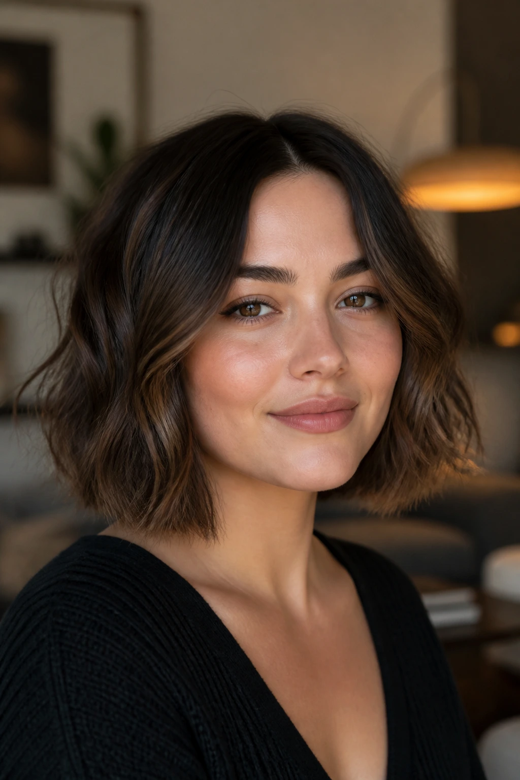 Close-up of a real woman with a blunt wavy bob and soft battered ends