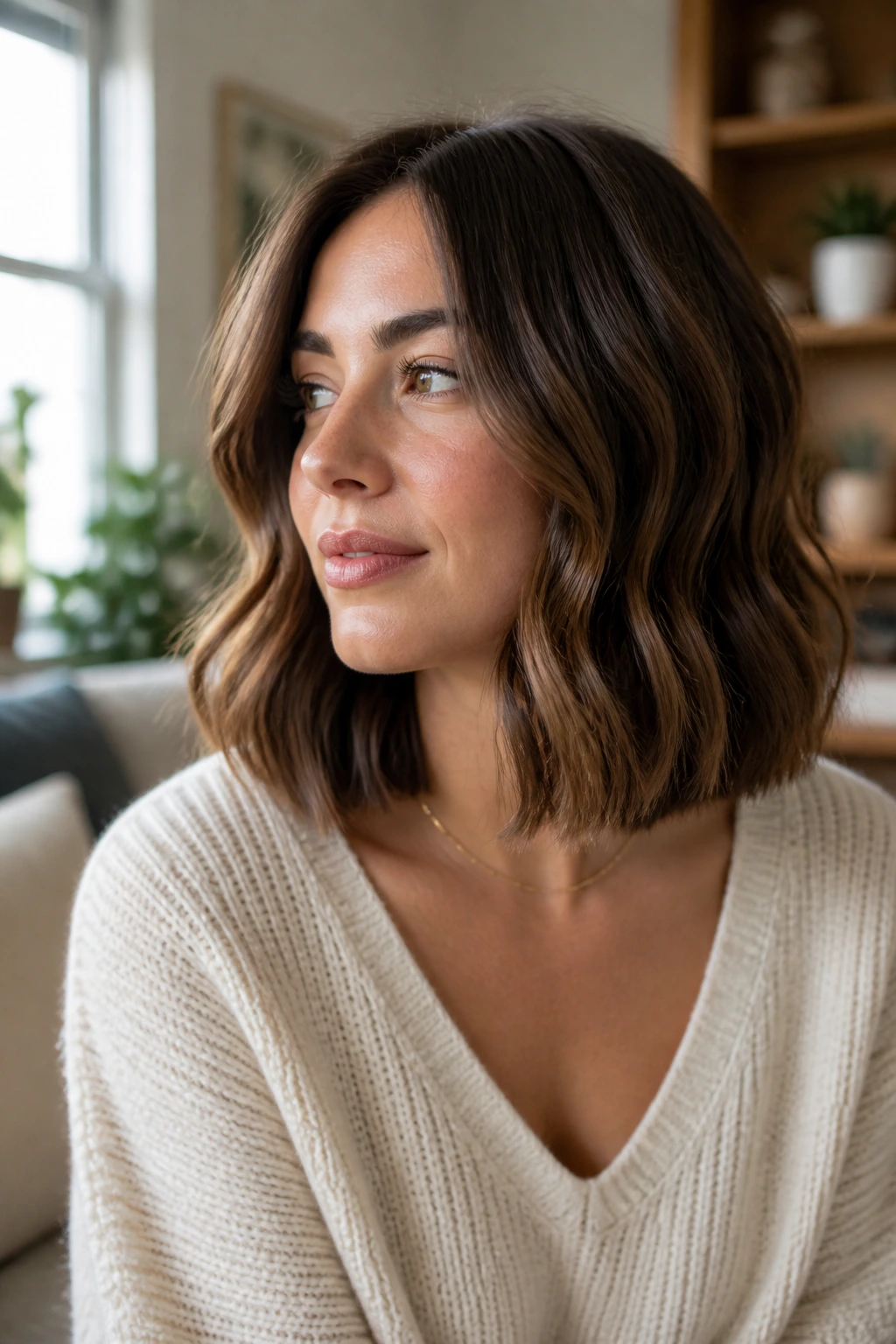 Close-up portrait of a real woman with blunt wavy lob and clean ends
