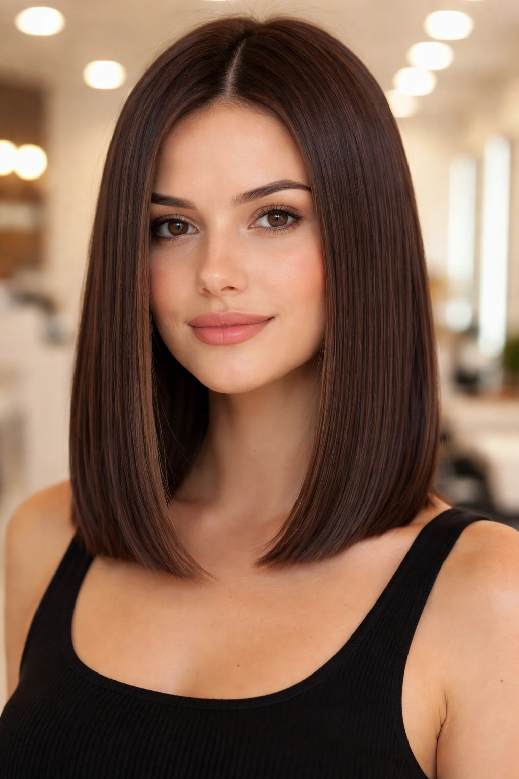 Portrait of a real woman with blunt-ended lob at collarbone length