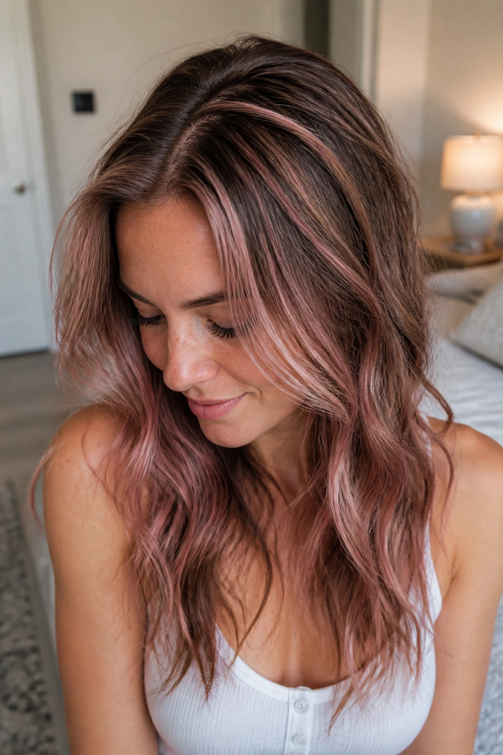 Close-up of a real woman with fine brown hair showing ultra-fine pink blush babylights at the crown