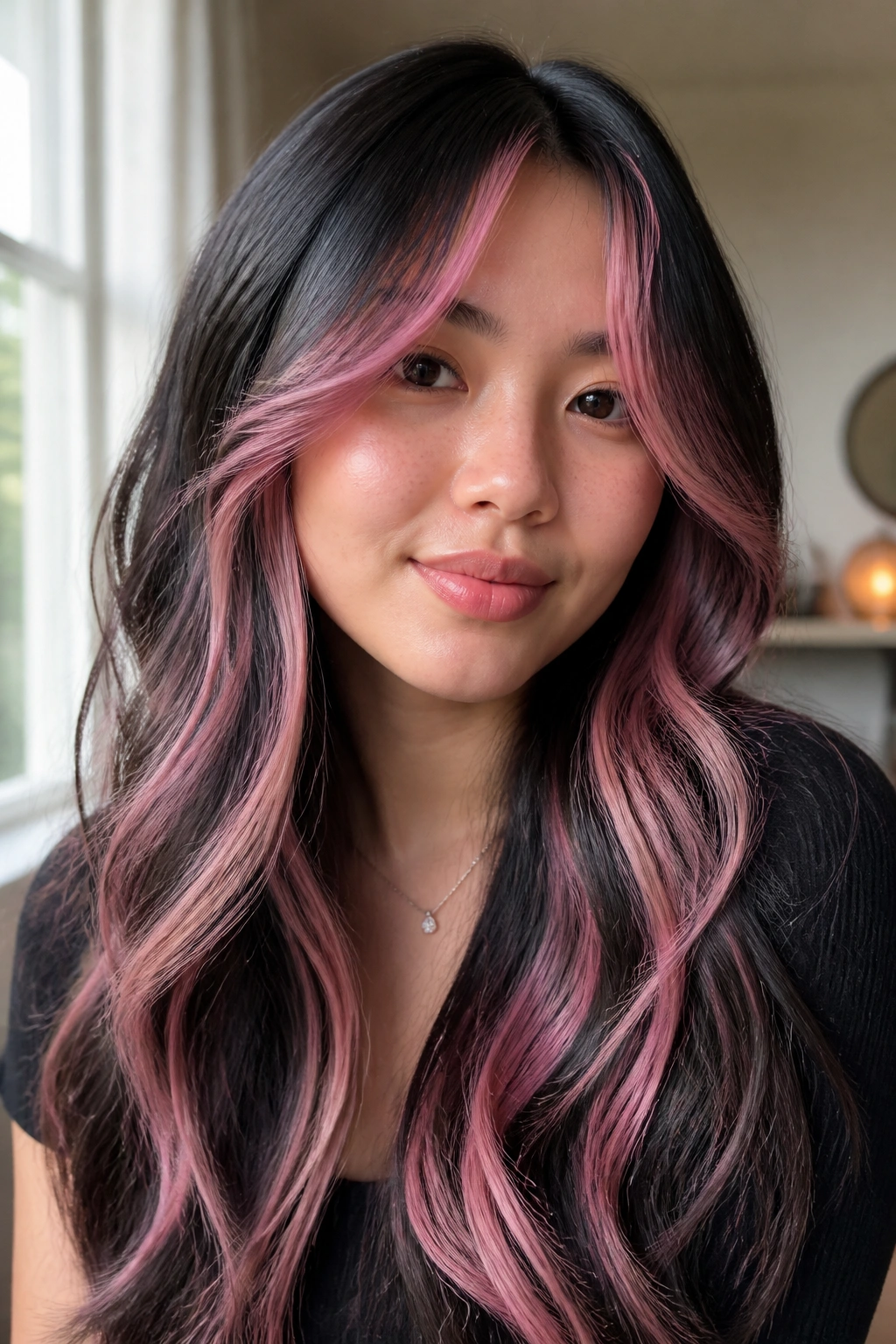 Close-up portrait of a real woman with blush balayage on curtain bangs and long layers