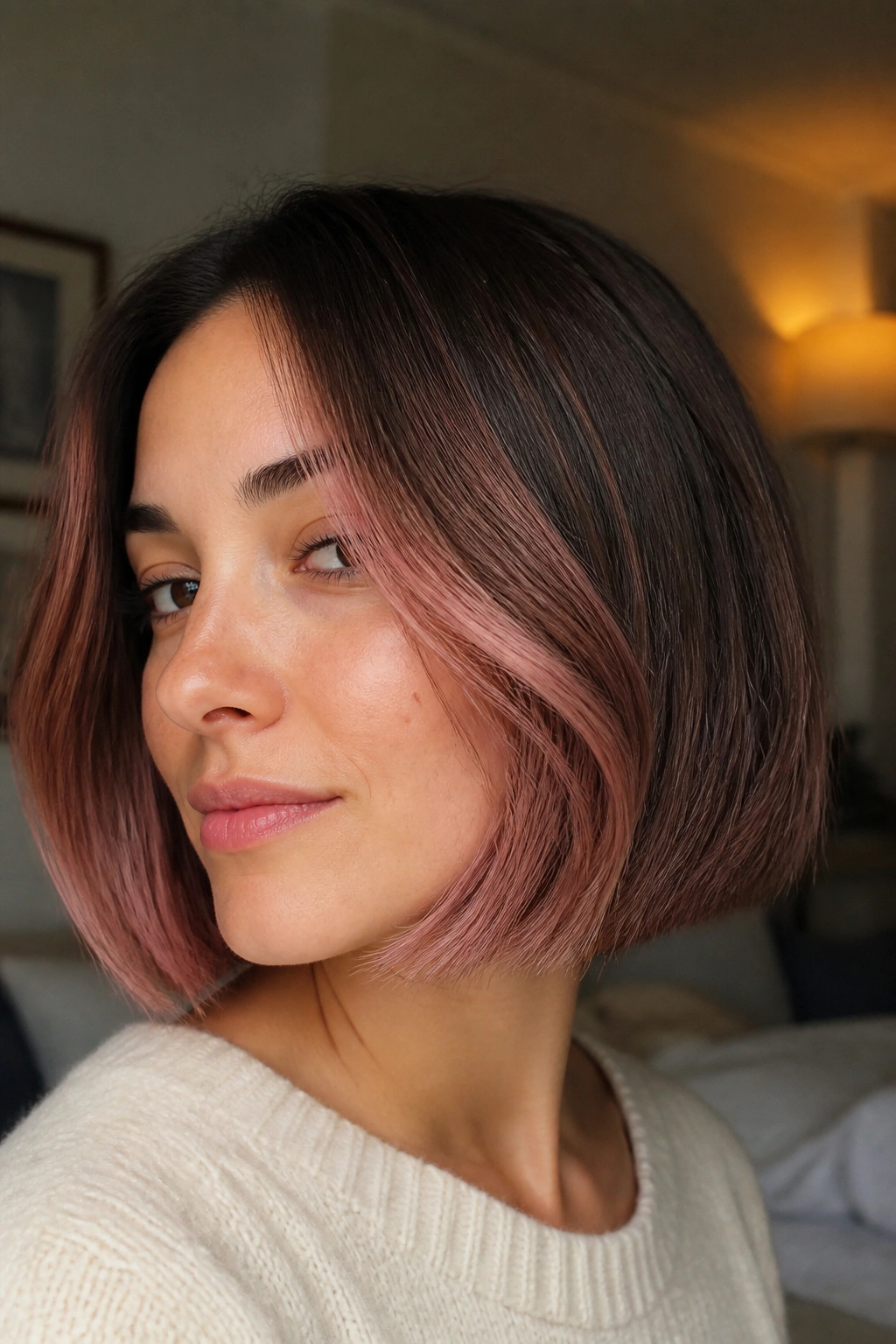 Close-up portrait of a real person with a blush pink brunette bob.