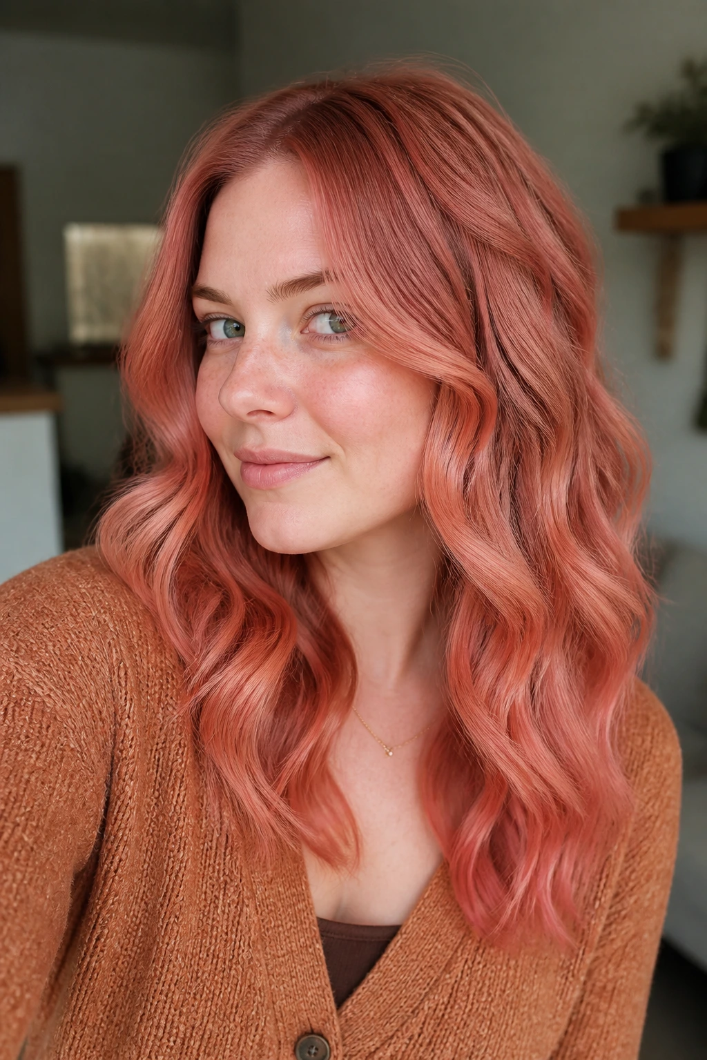 Medium close-up of a real woman with blush-coral strawberry waves framing the face