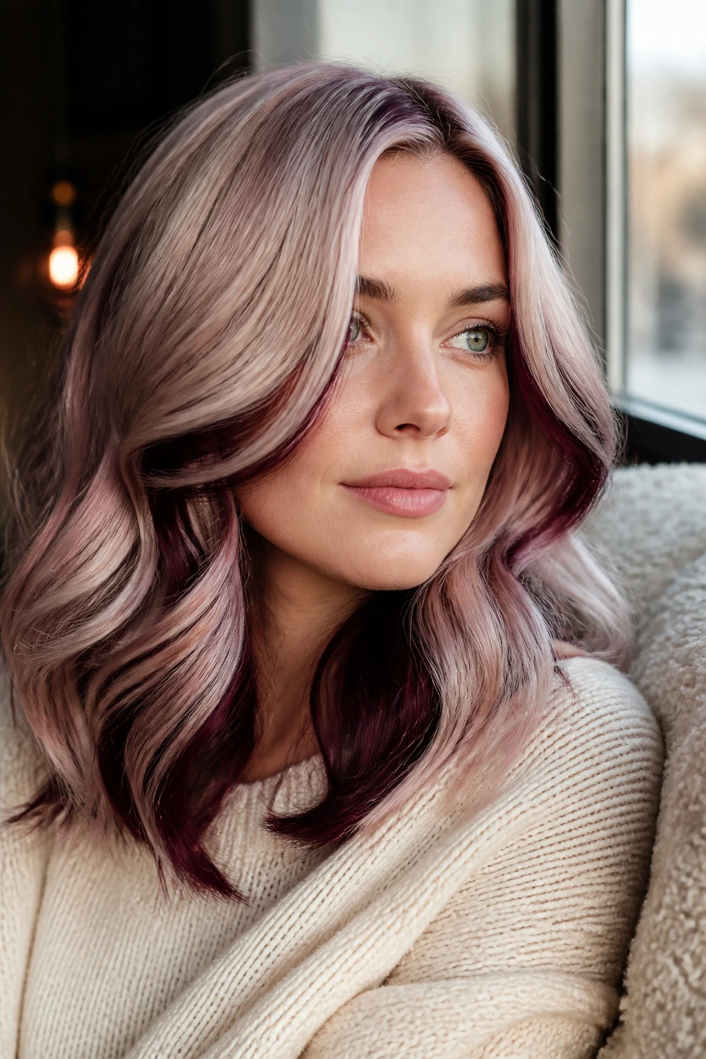 Close-up of a real woman with blush-pearl blonde and blackberry burgundy