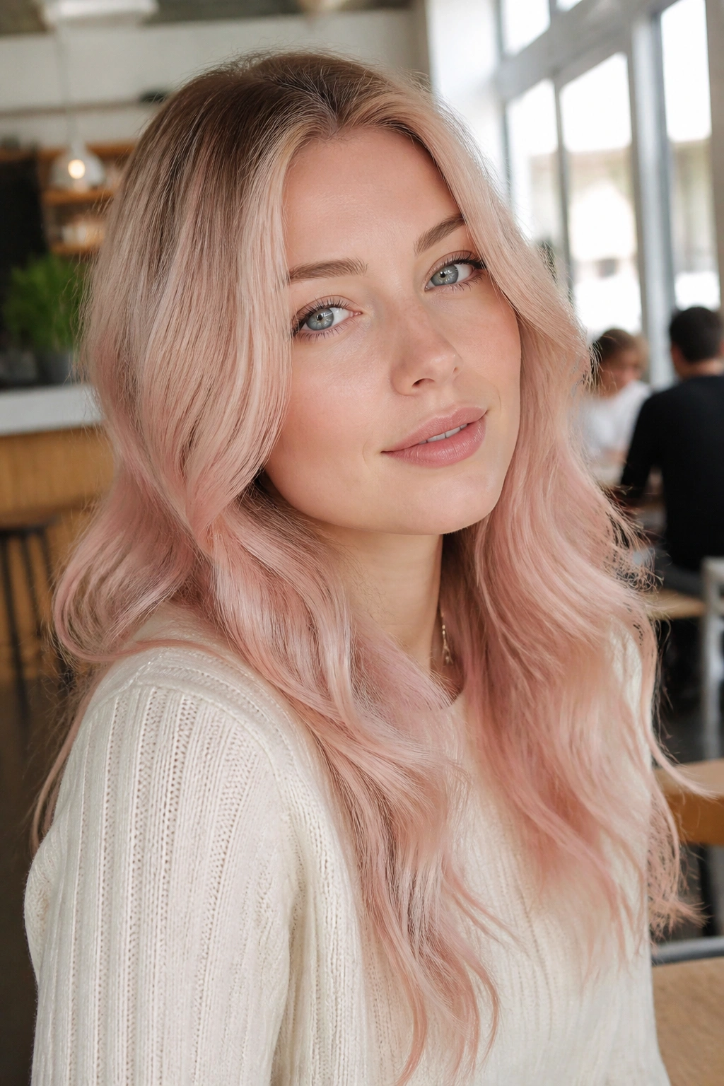 Close-up of blush pink gloss on pale blonde hair