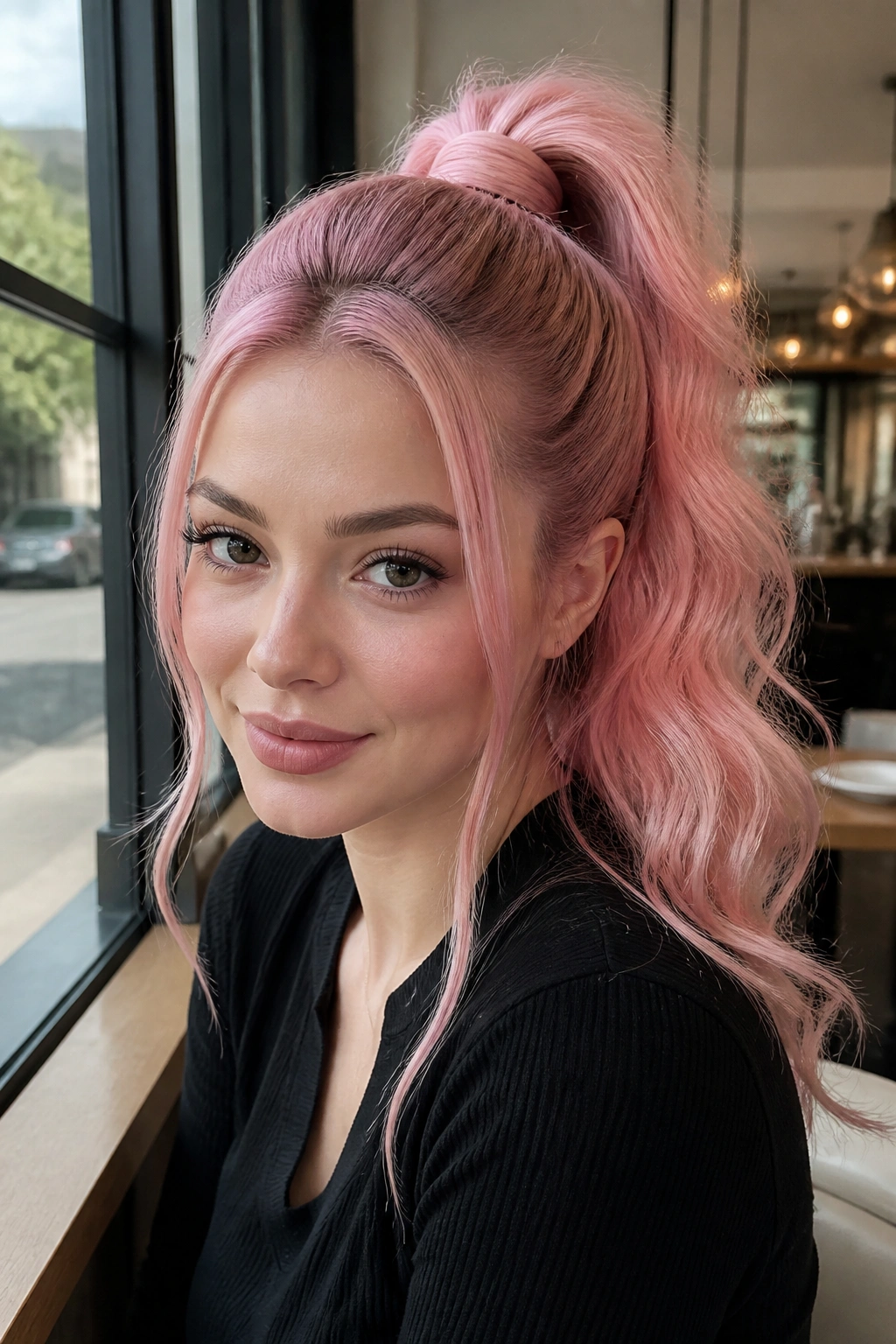 Close-up of a real woman with a blush pink high ponytail and delicate face-framing pieces