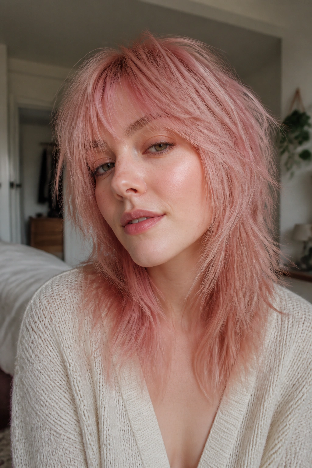 Close-up portrait of a real woman with blush pink shag hairstyle