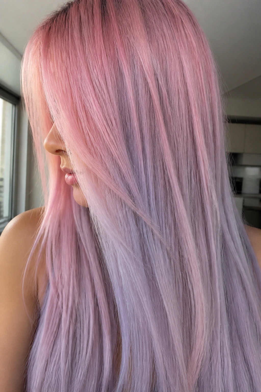 Close-up of long straight hair with blush pink over a silver lilac base in natural window light