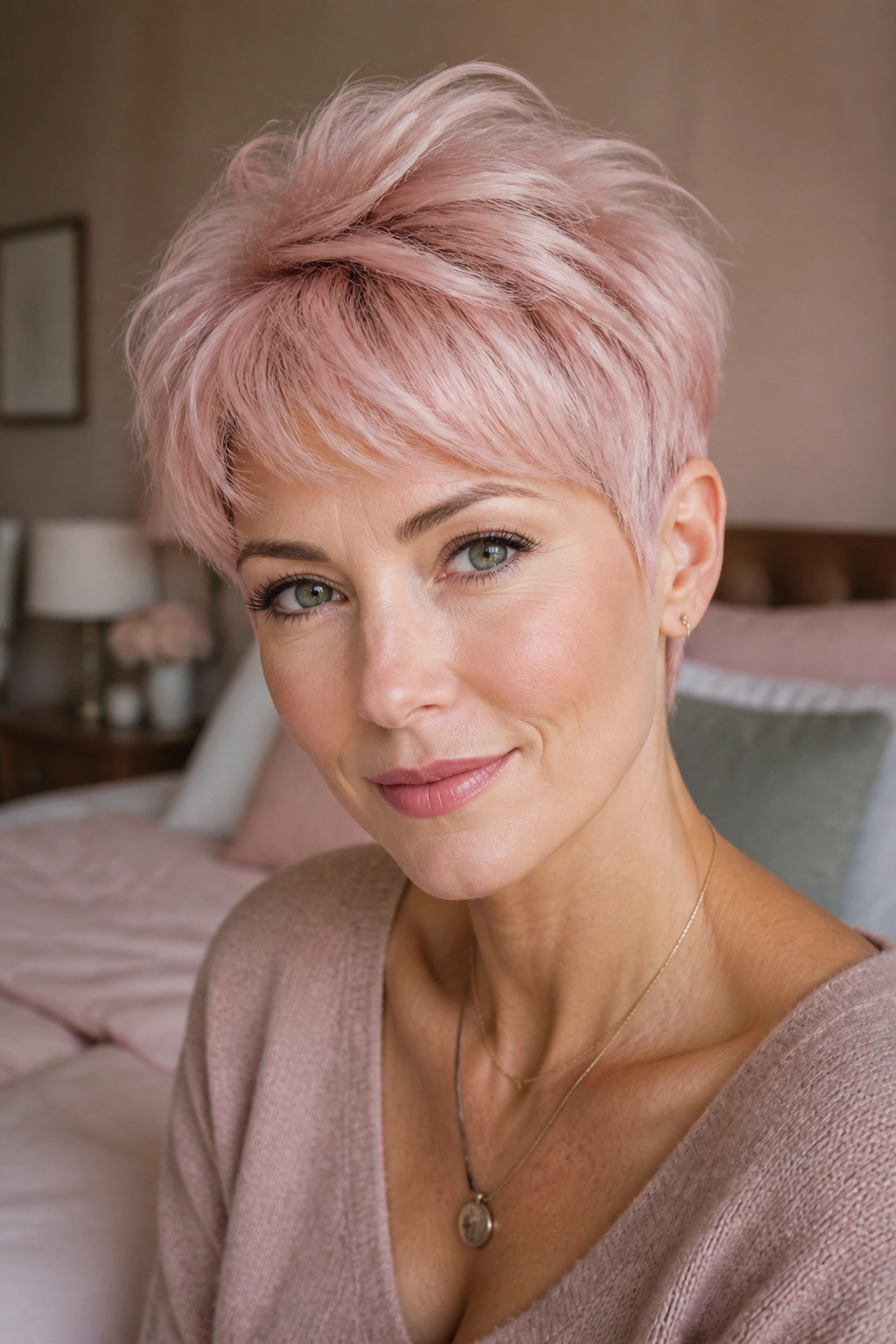 Close-up portrait of a real woman with blush-pink pixie hairstyle in a pastel bedroom