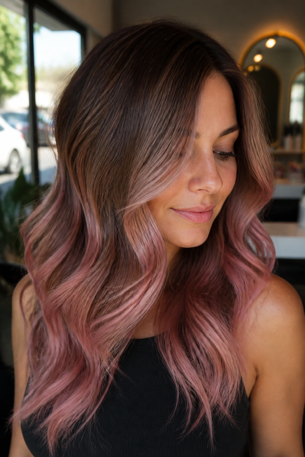 Close-up portrait of a real woman with medium brown hair in blush sombré balayage gradient