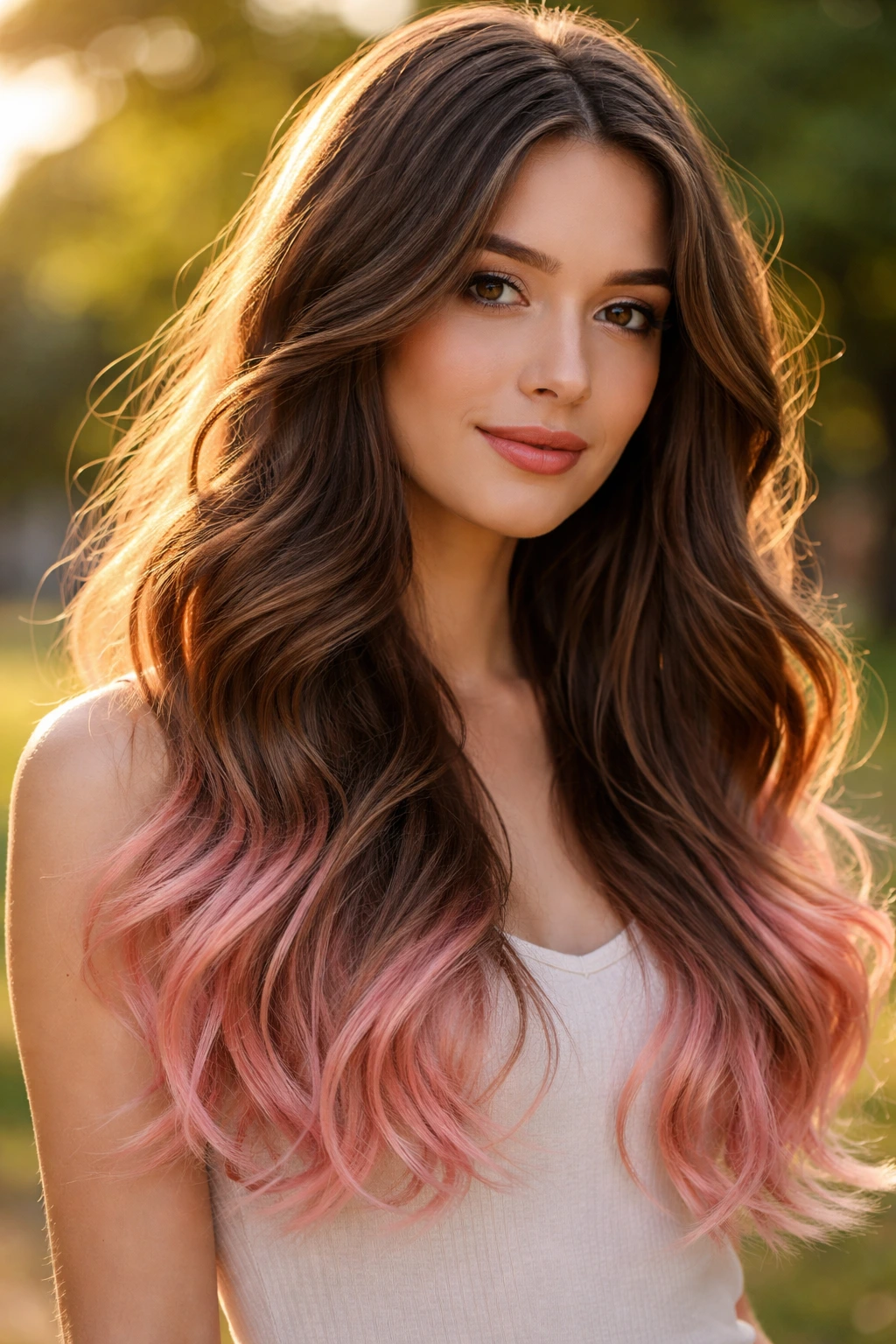 Close-up of blush-tipped waves with pink ends on brown hair in natural light