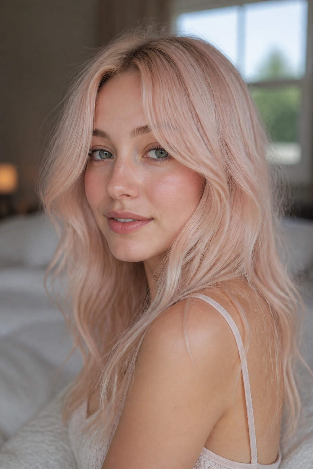 Close-up portrait of a real woman with blush vanilla blonde hair, cool pink glaze