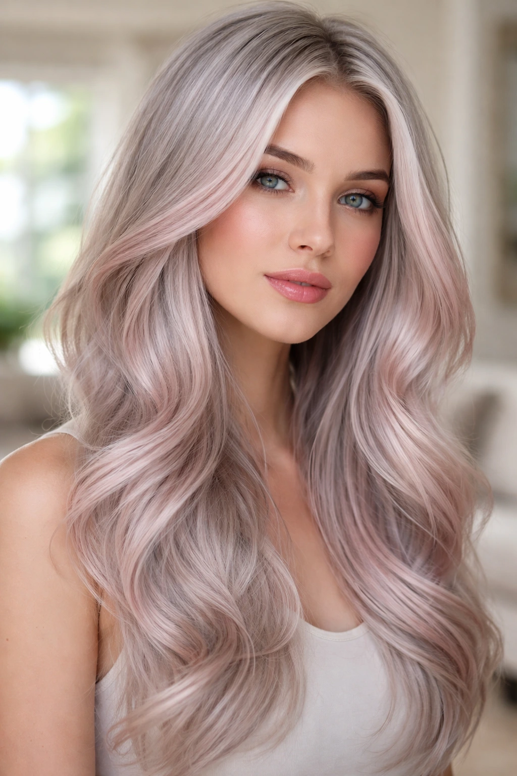 Real person with blushed metallic silver hair under natural daylight