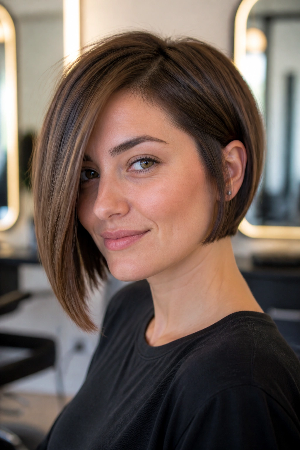 Portrait of a woman wearing an asymmetrical chin-length bob with a longer side past the jaw.