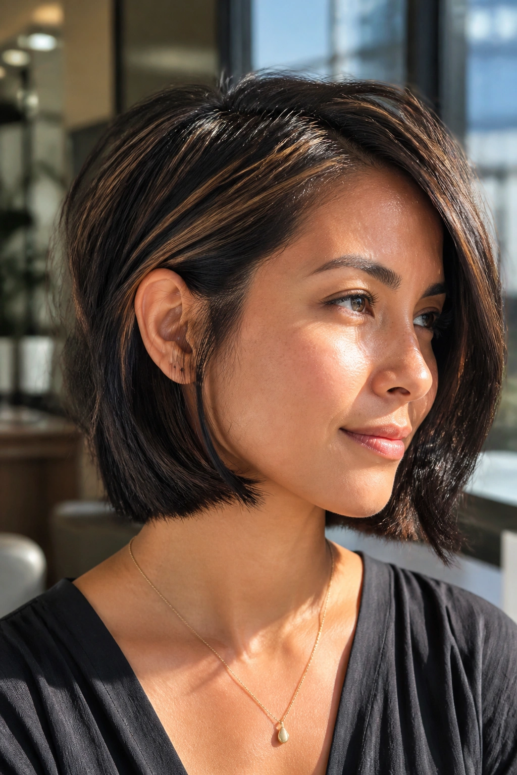 Real person with bob haircut showing black balayage and brown crown highlights