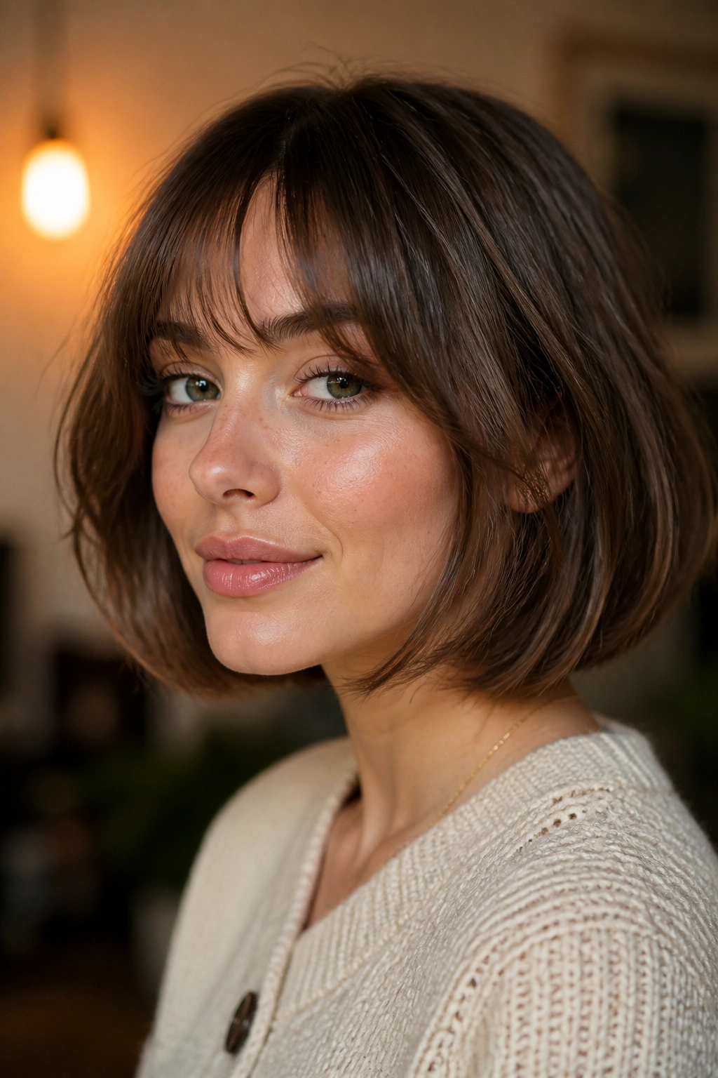 Close-up portrait of a real girl with a bob and face-framing bangs