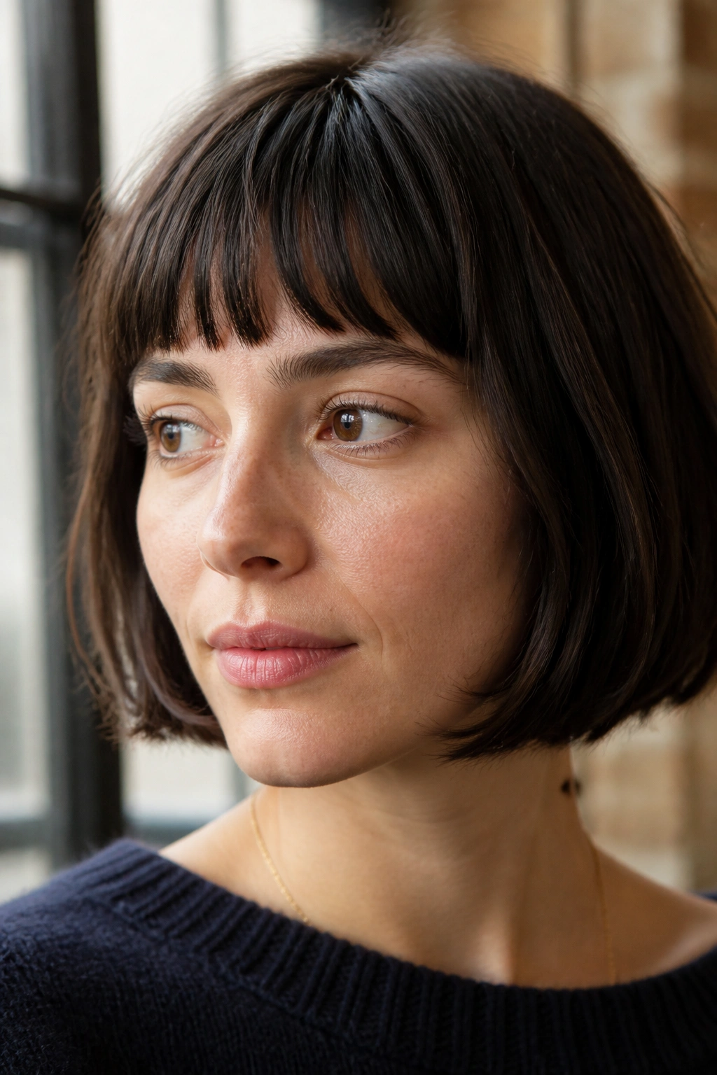 Real woman with chin-length bob and short fringe, portrait.