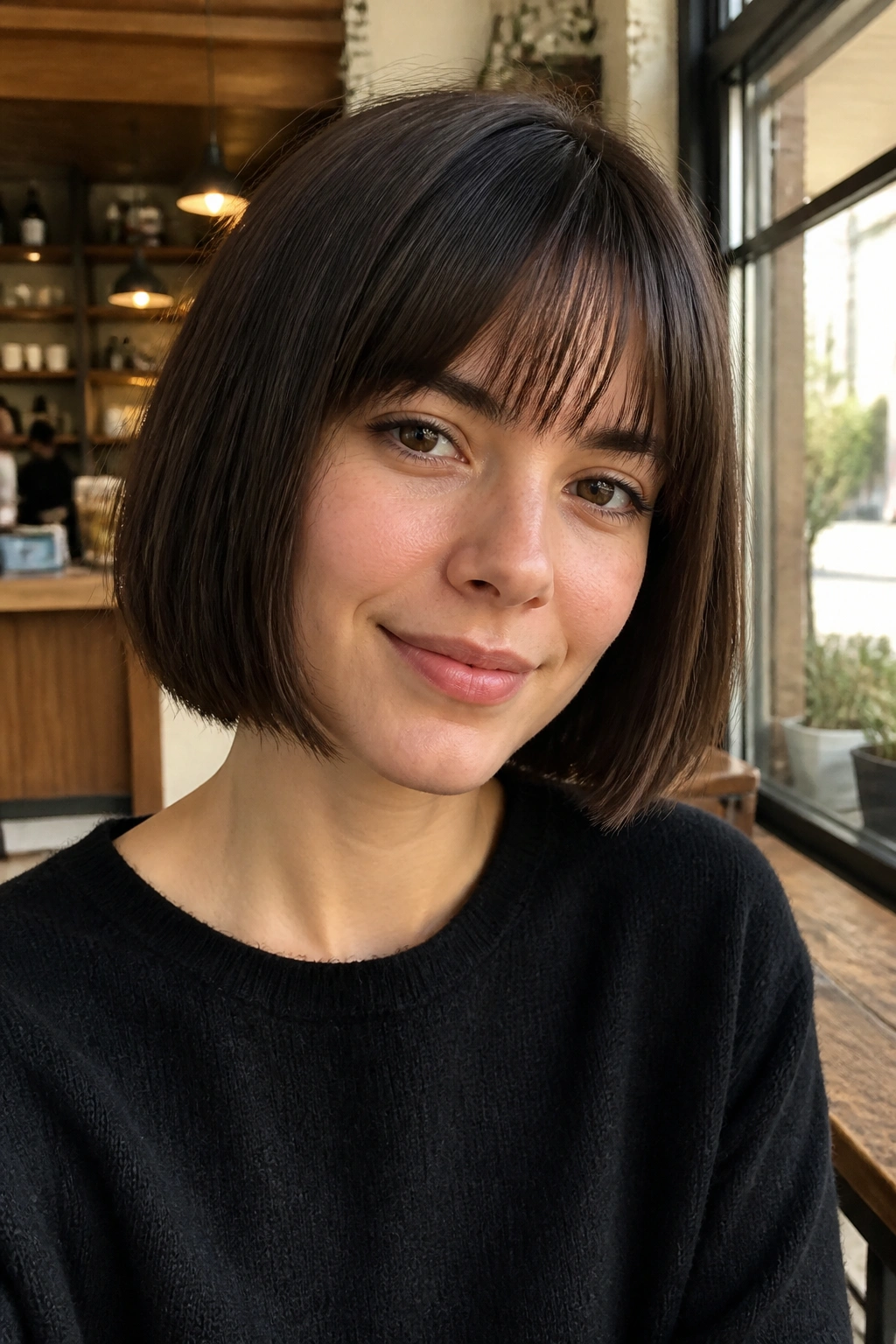 Close-up portrait of a real woman with a bob and French bangs in a cafe setting