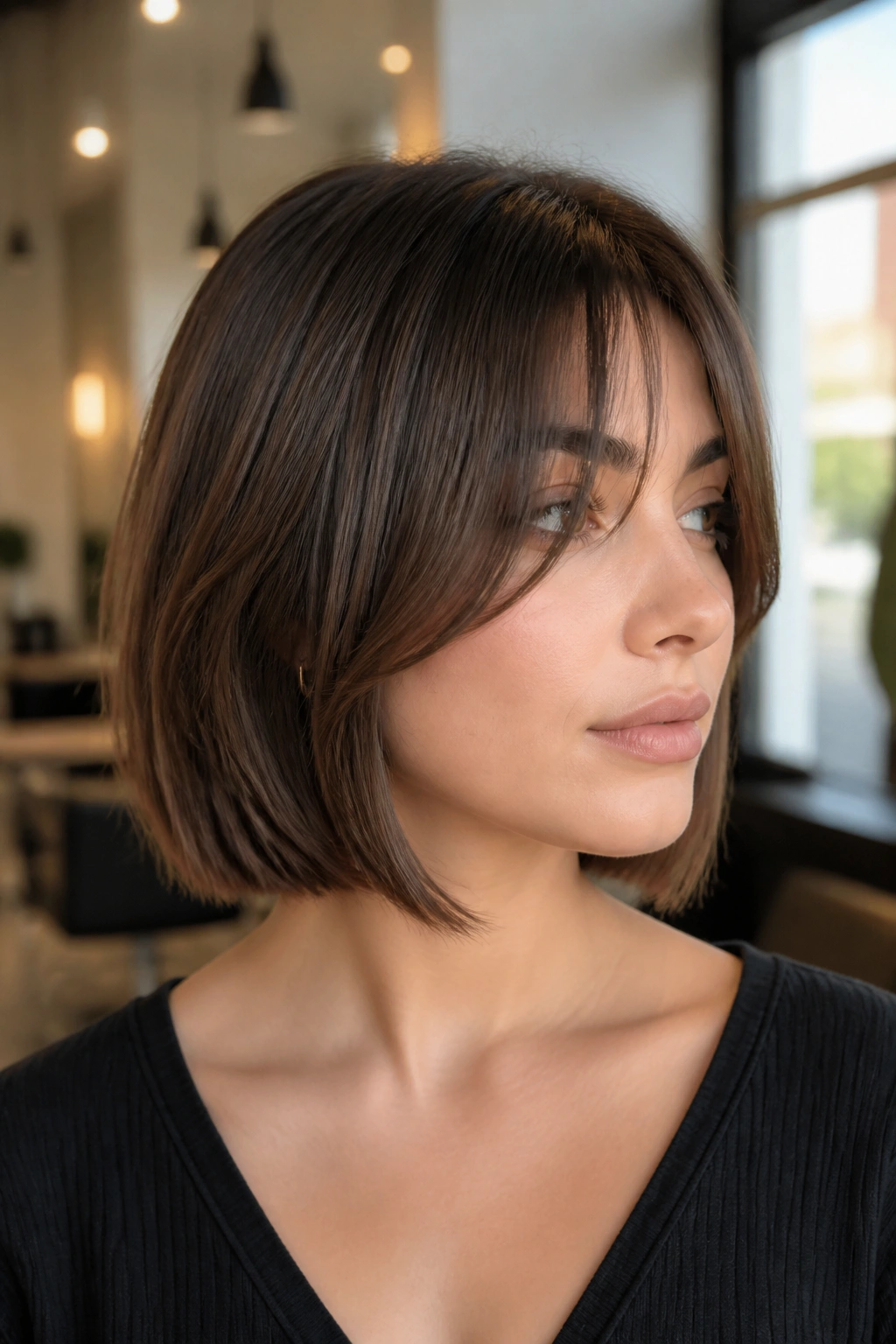 Close-up portrait of a real woman with bottleneck bangs in a bob haircut in a salon