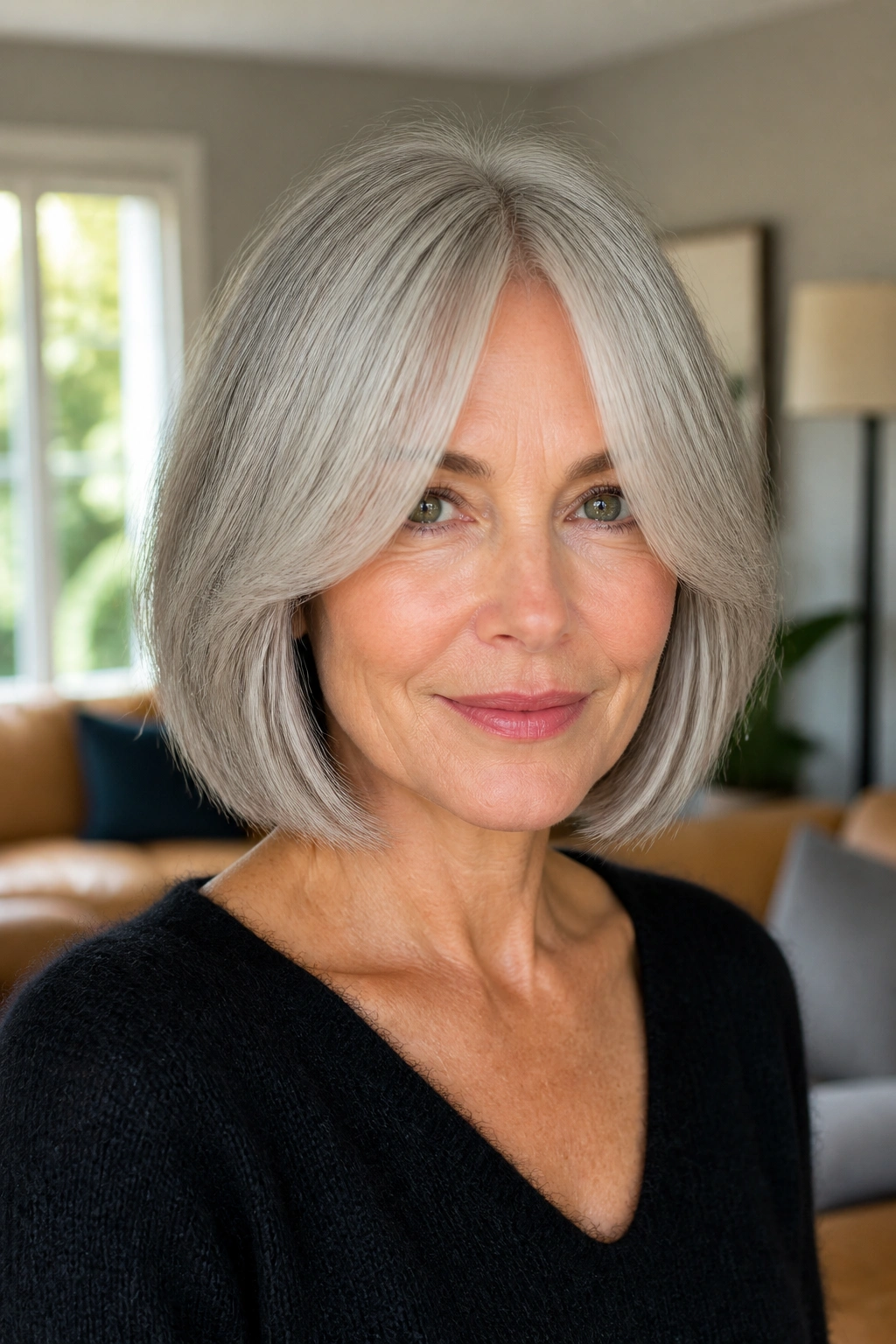 Woman with gray bob and curtain bangs draping to the sides.