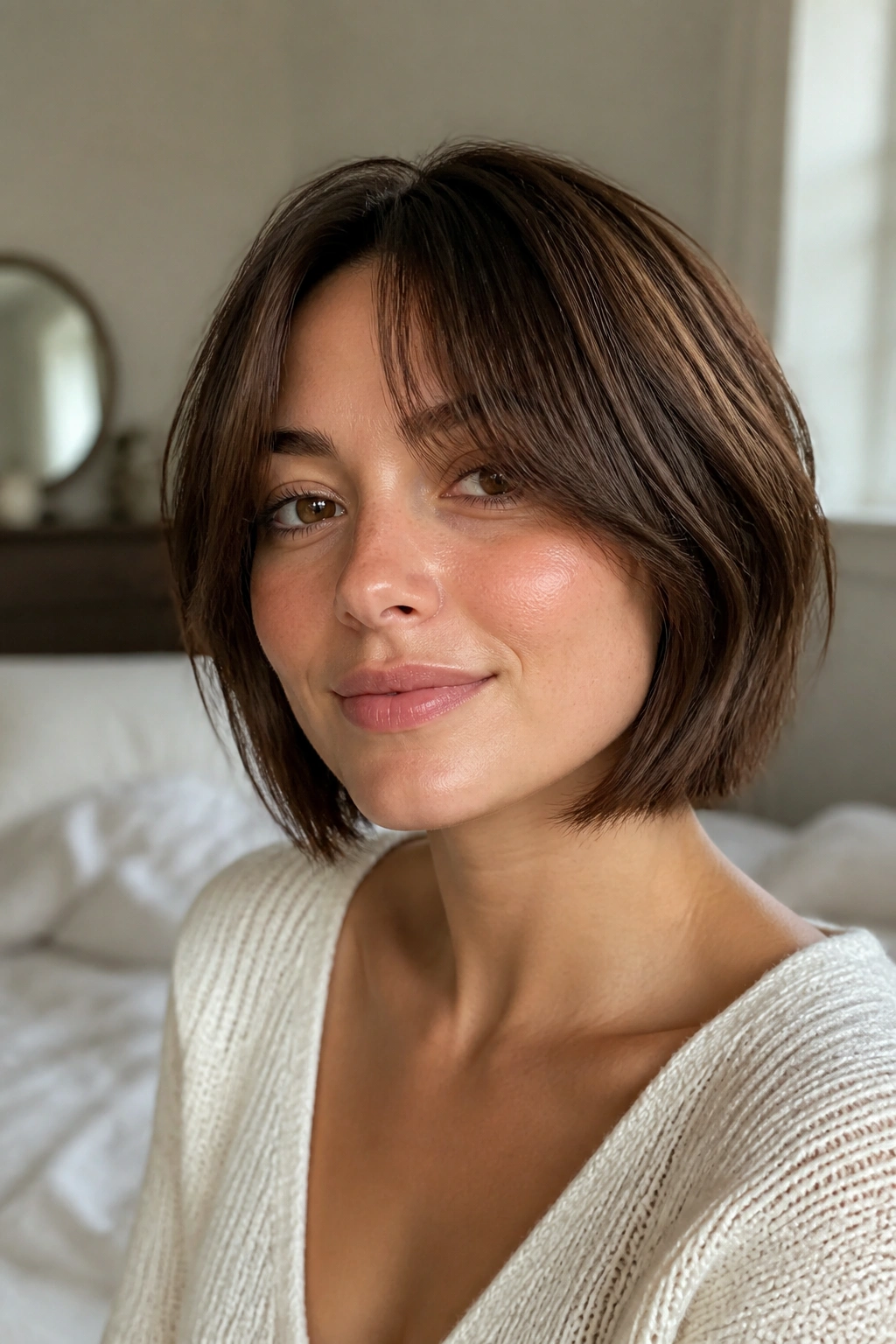 Portrait of a real woman with curtain bangs starting at the cheekbone and a jaw-length bob