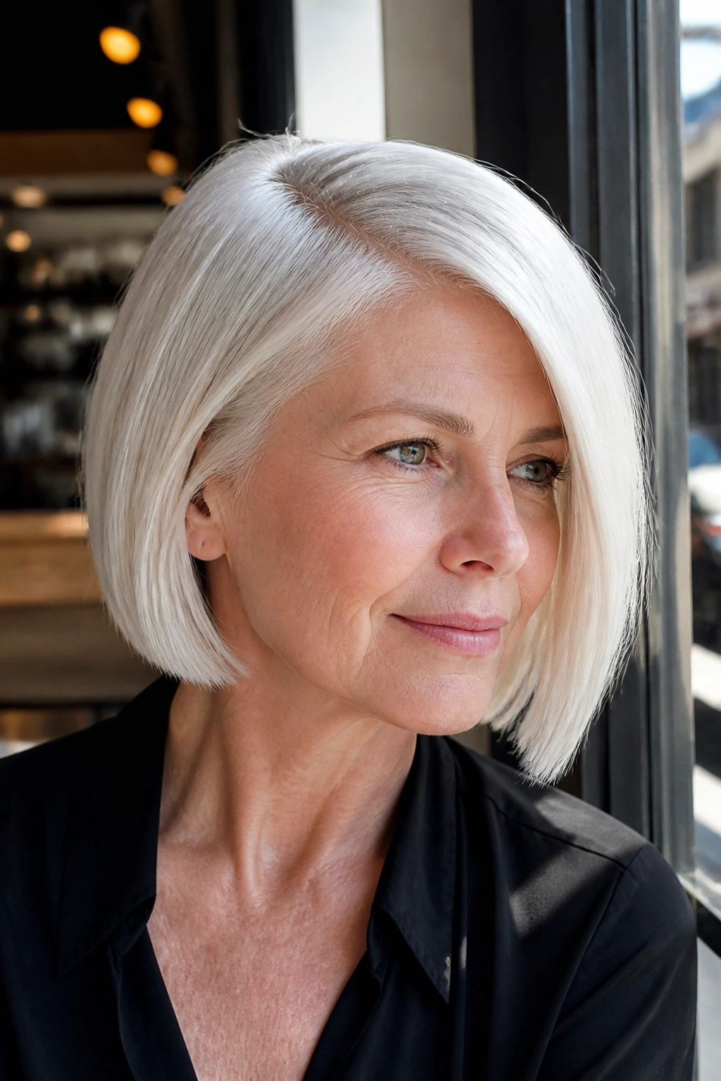 Close-up of a real woman with an icy white bob and a deep side part in natural light.