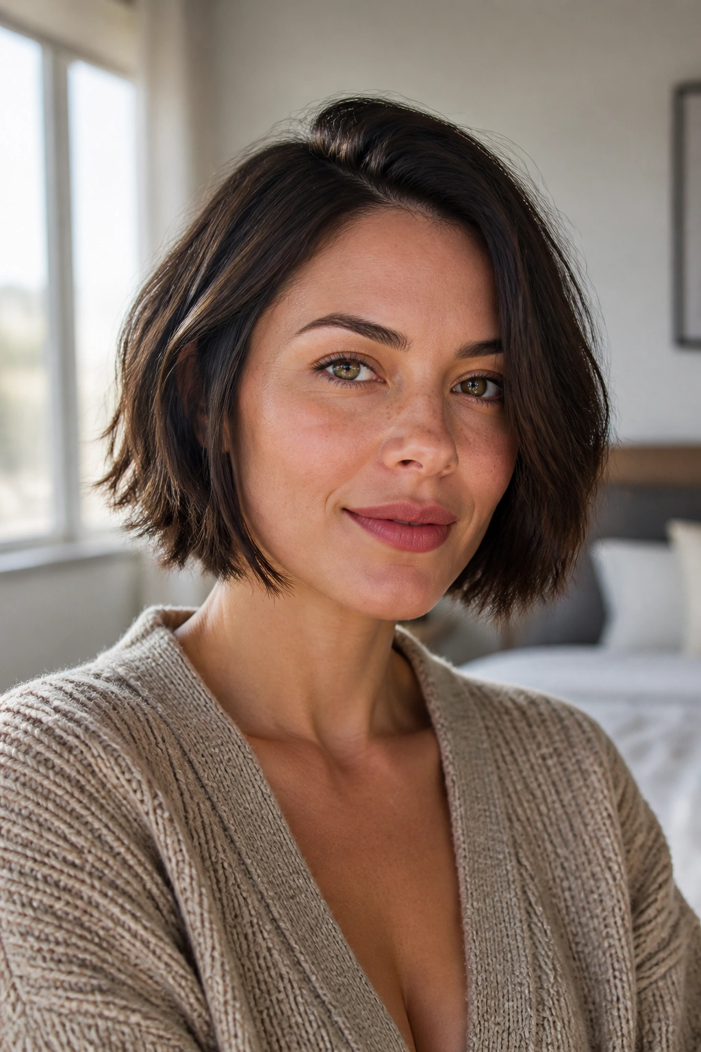 Close-up of a real woman with a chin-skimming bob and side part in warm window light