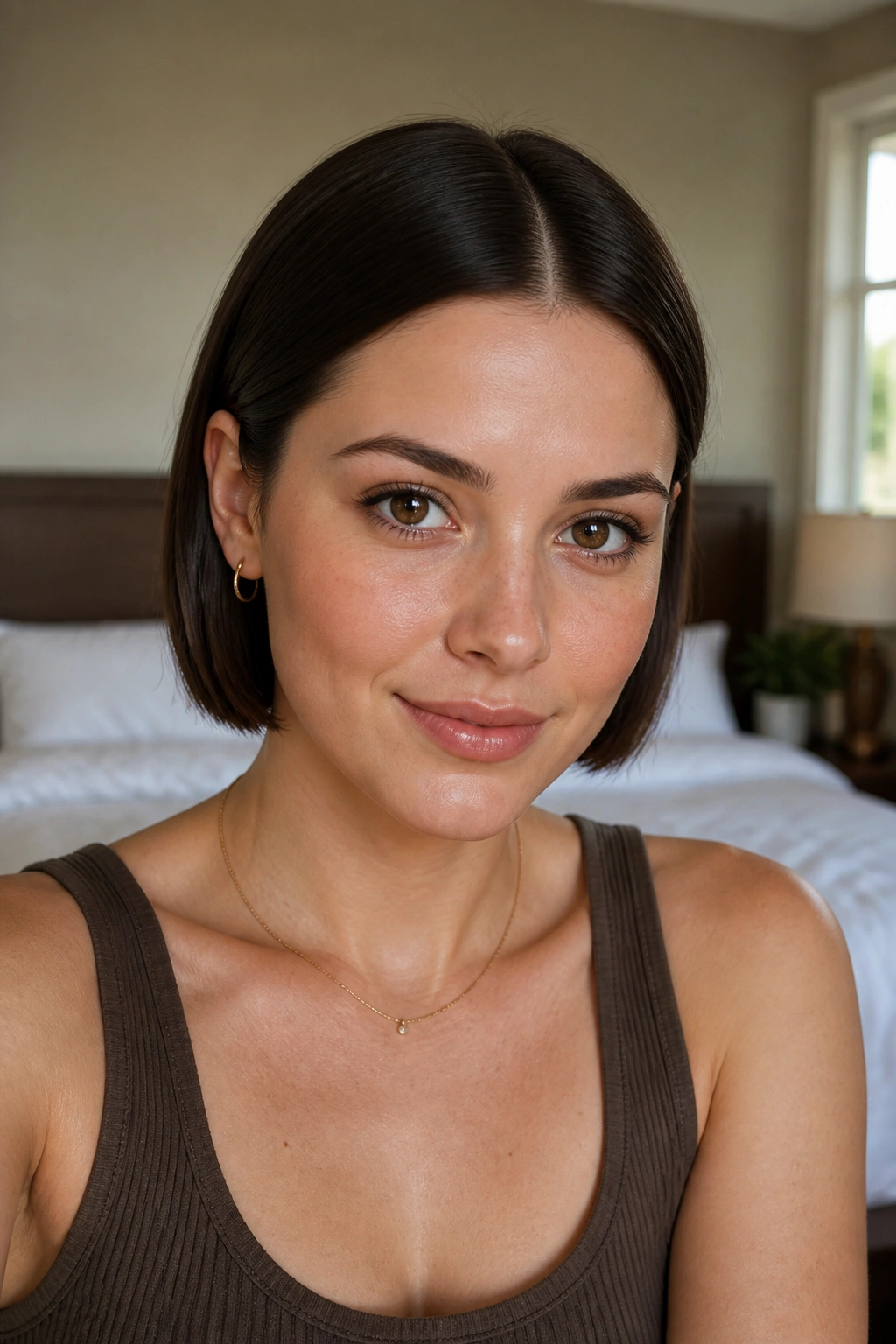 Close-up of a real woman with a tucked-behind-ears deep brunette bob