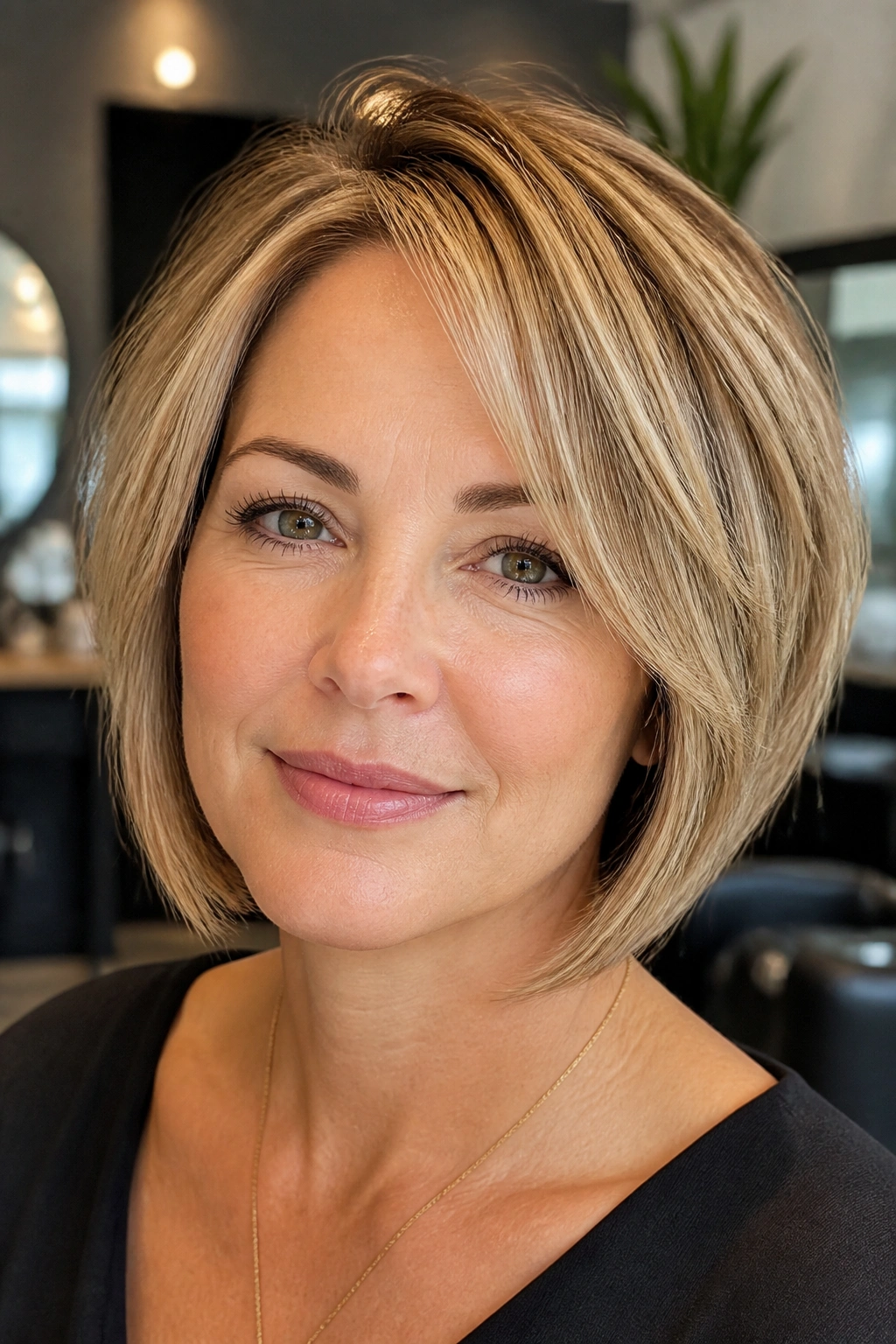 Real woman with a jawline layered bob featuring soft ends and discreet layers.