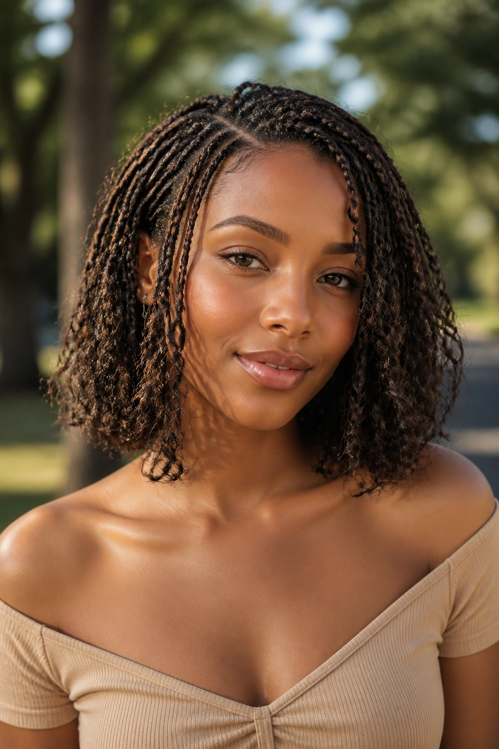 Medium close-up of bob-length boho braids with scattered curls