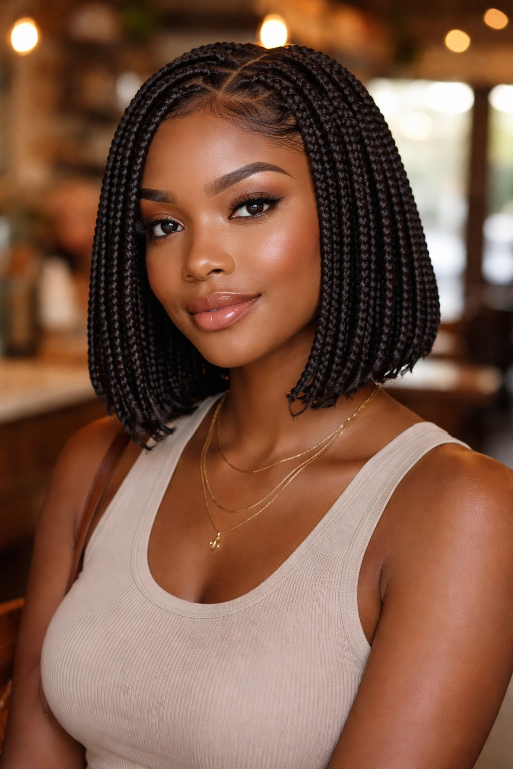 Front portrait of a real woman with bob-length box braids and chic edges in a cafe setting