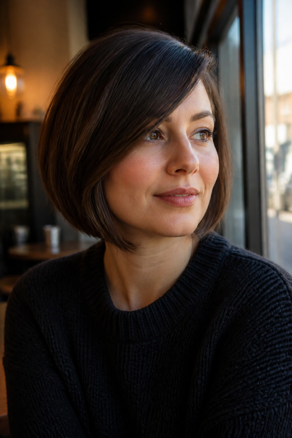 Portrait of a woman with a bob and long side fringe in cafe daylight