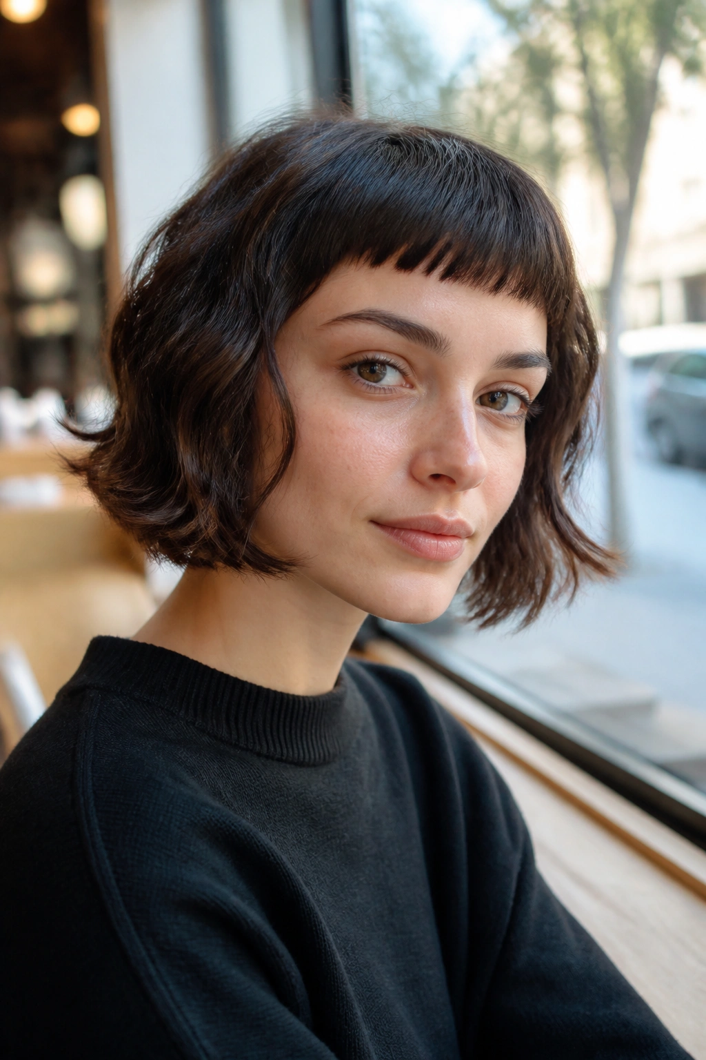 Close-up of a real person with a micro fringe bob on wavy hair in cafe light