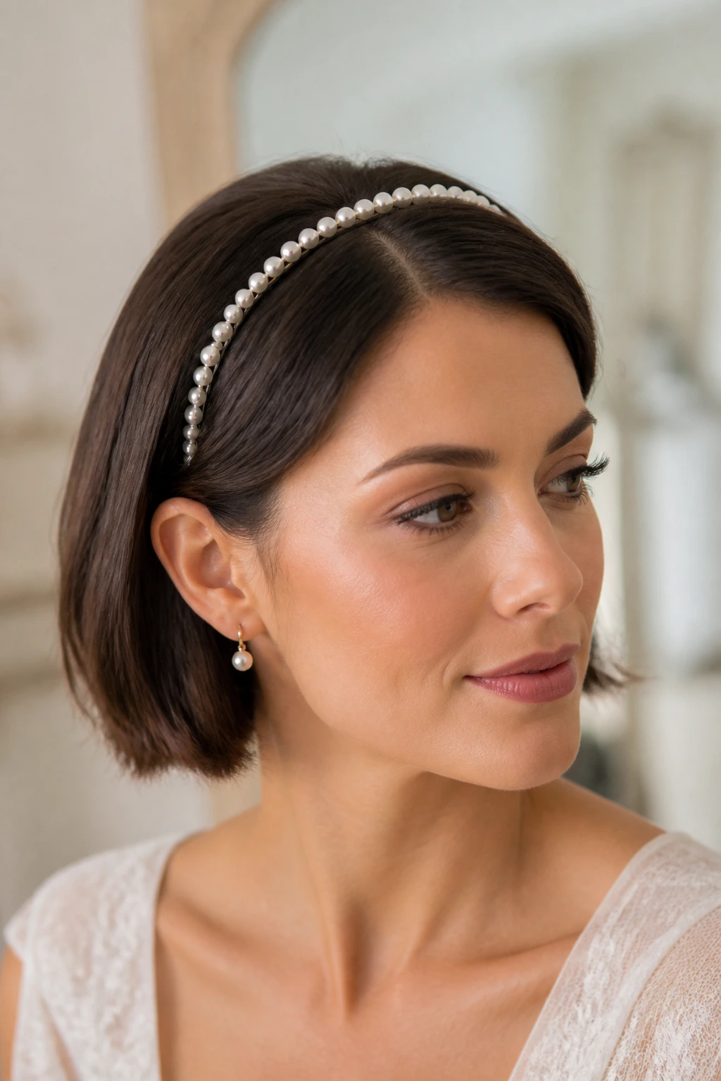 Real woman with bob hairstyle and a slim pearl headband in soft bridal lighting