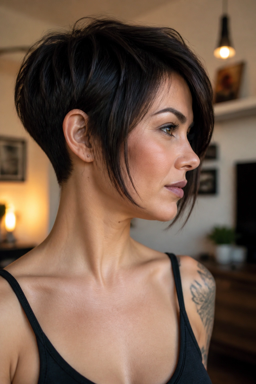 Real woman with bob-pixie crossover hairstyle showing longer front length