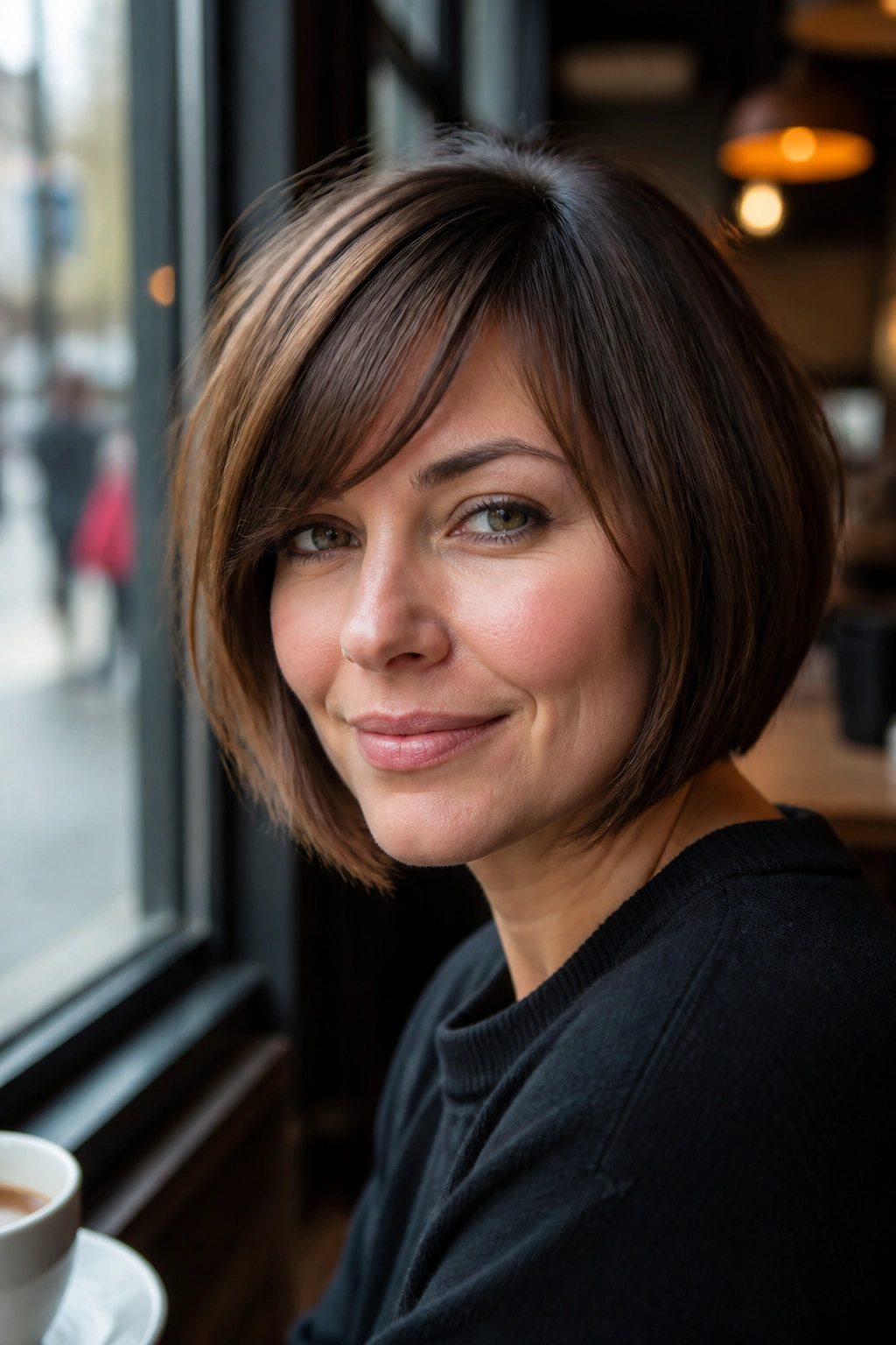 Close-up of a real person with a bob and side-swept bangs framing the face.