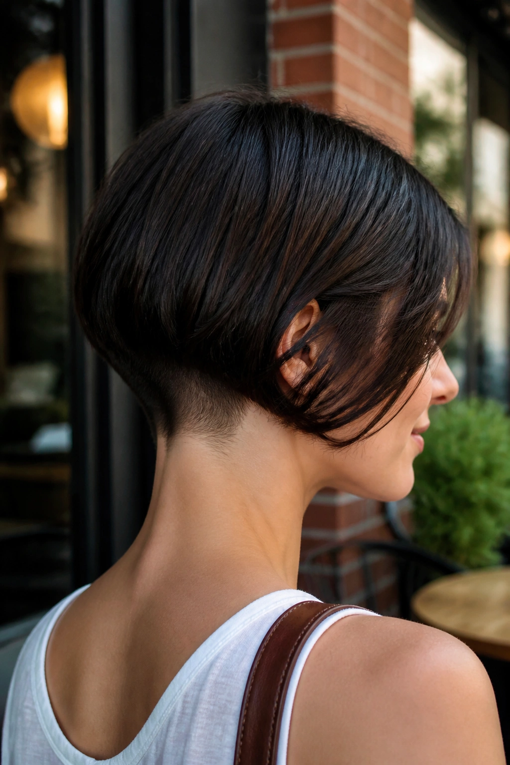 Real woman with a bob featuring a hidden undercut, silhouette at the neckline.