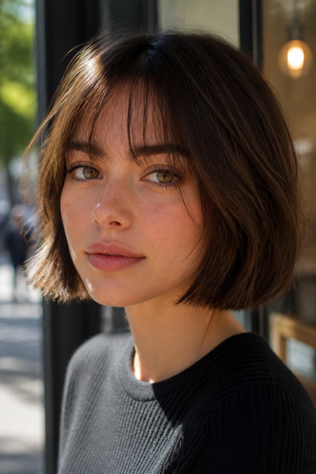 Close-up of a real woman's face with a bob and wispy bangs