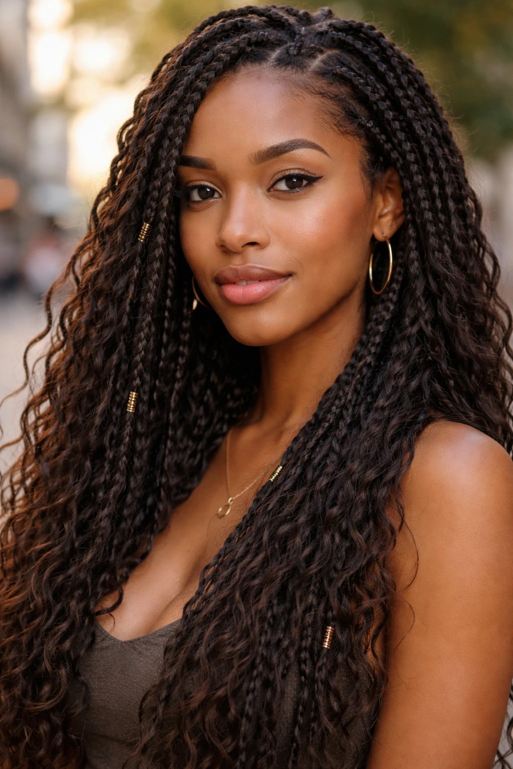 Close-up of a real woman with bohemian box braids in soft outdoor light