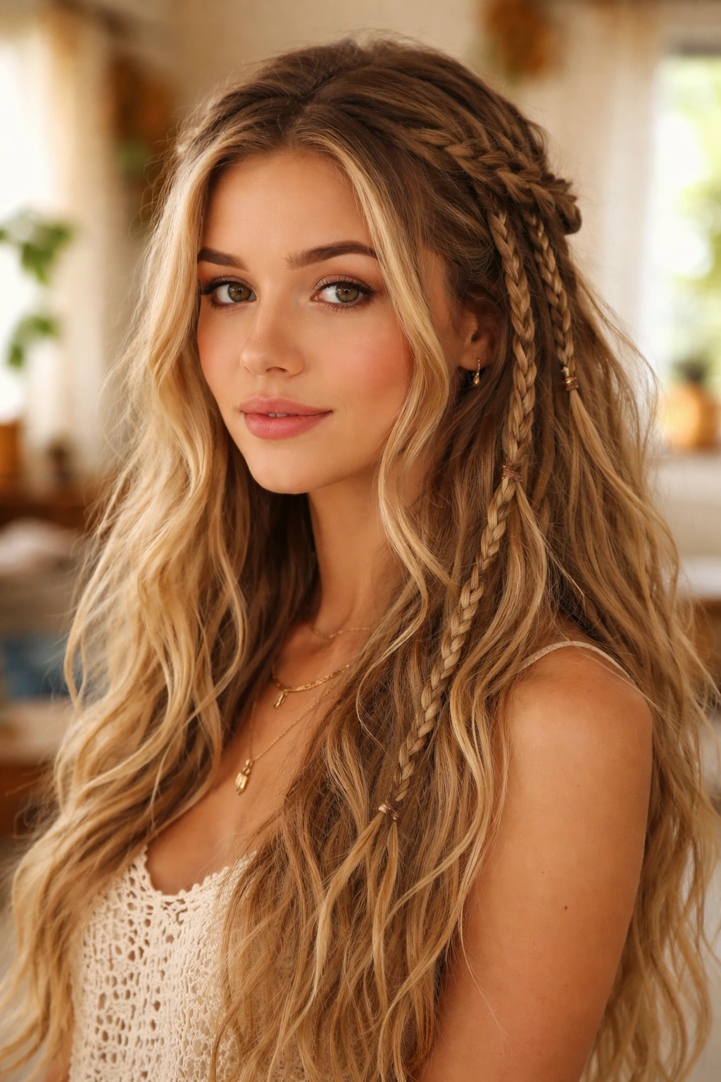 Close-up of a real woman with bohemian braids in a half-up style under natural light