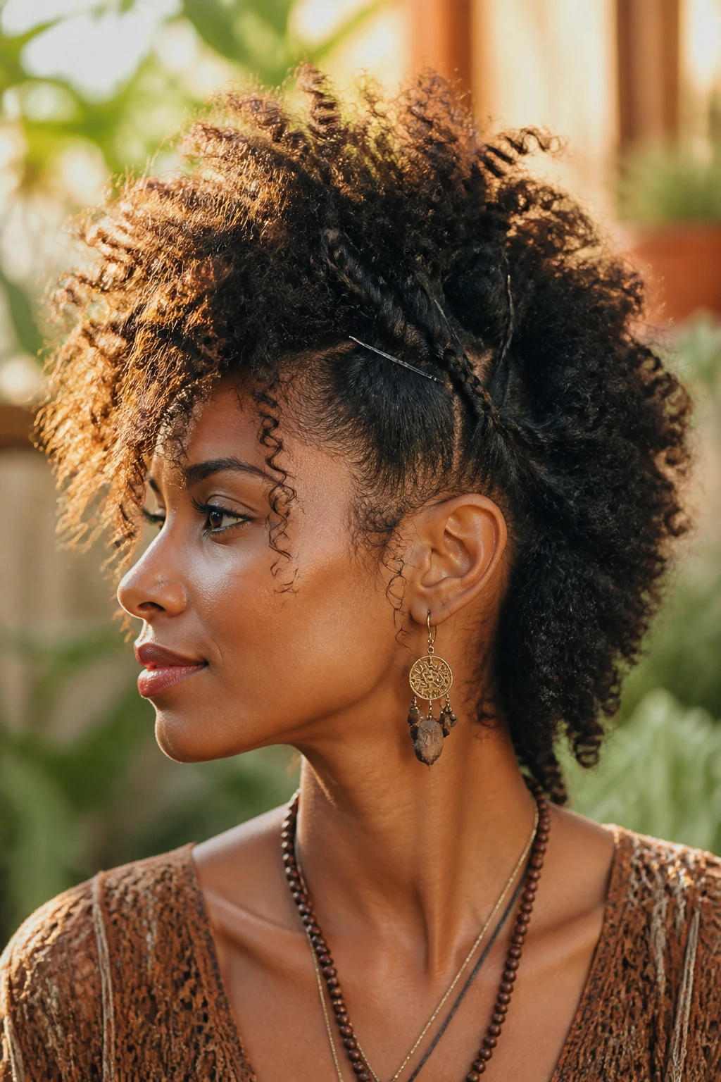 Close-up of a real person with a bohemian, undone frohawk