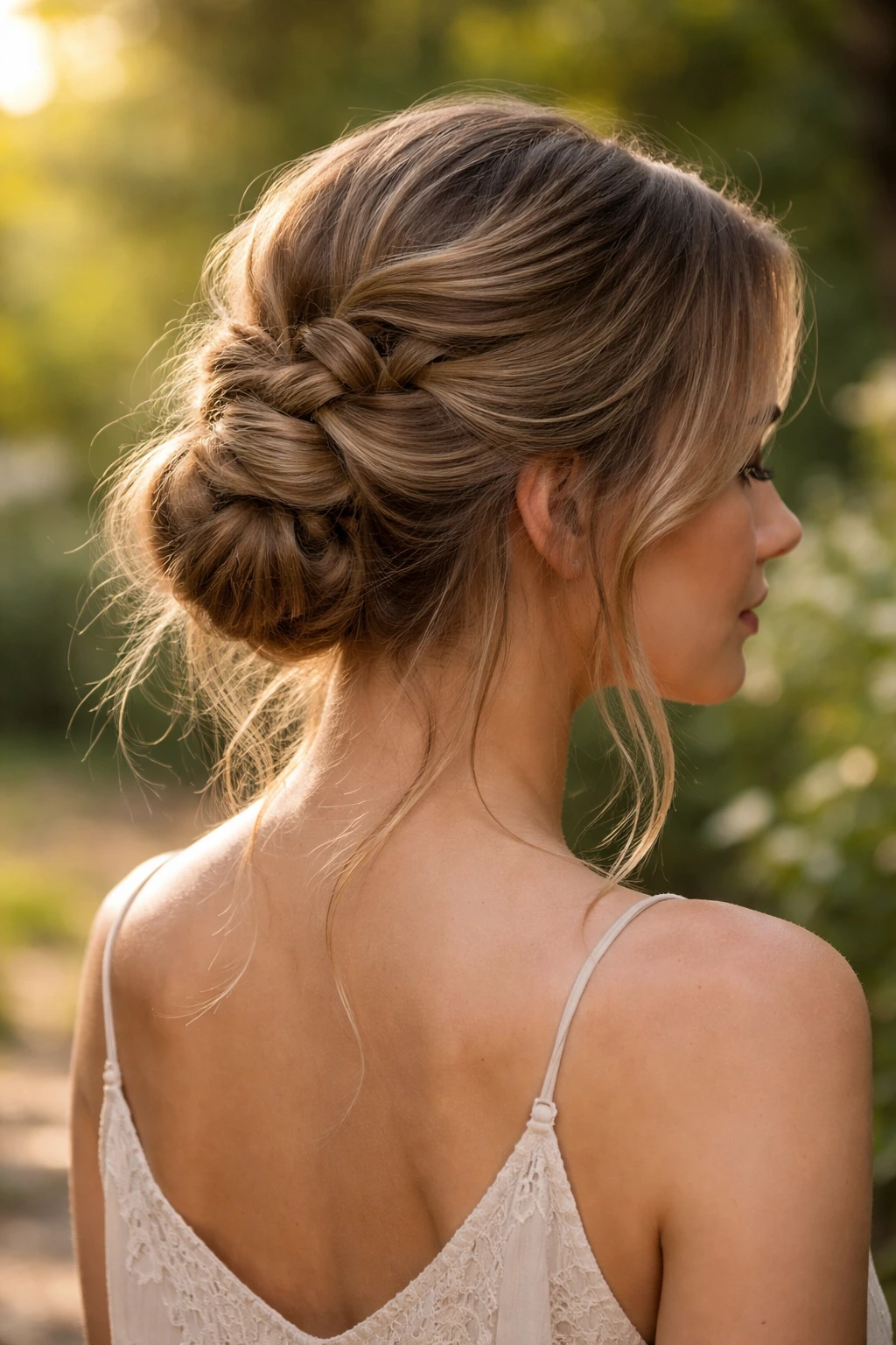 Close-up of a real woman with a bohemian knotted updo in a sunny garden