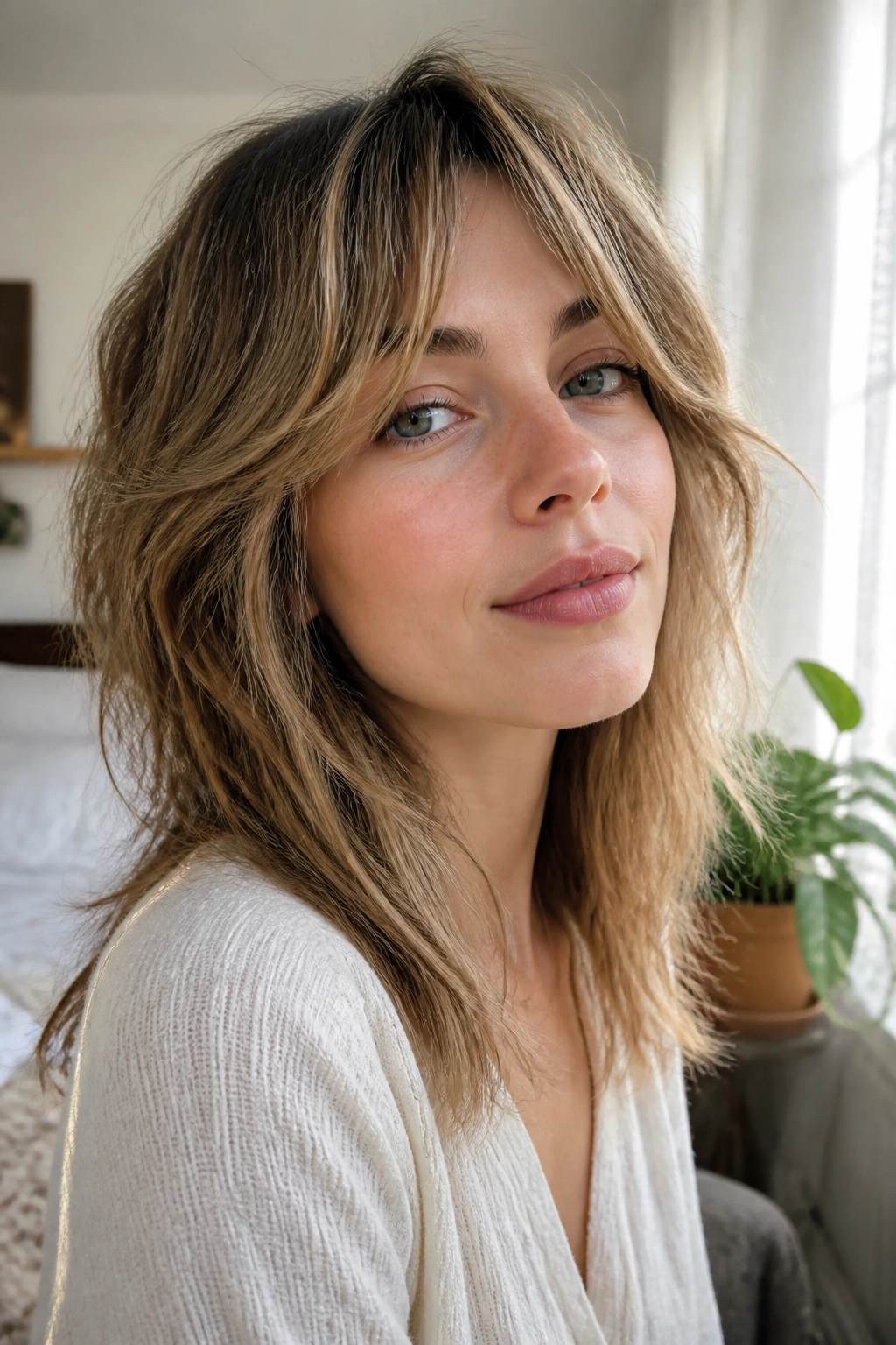 Close-up portrait of a real woman with curtain bangs in a bohemian shag for fine hair in warm window light