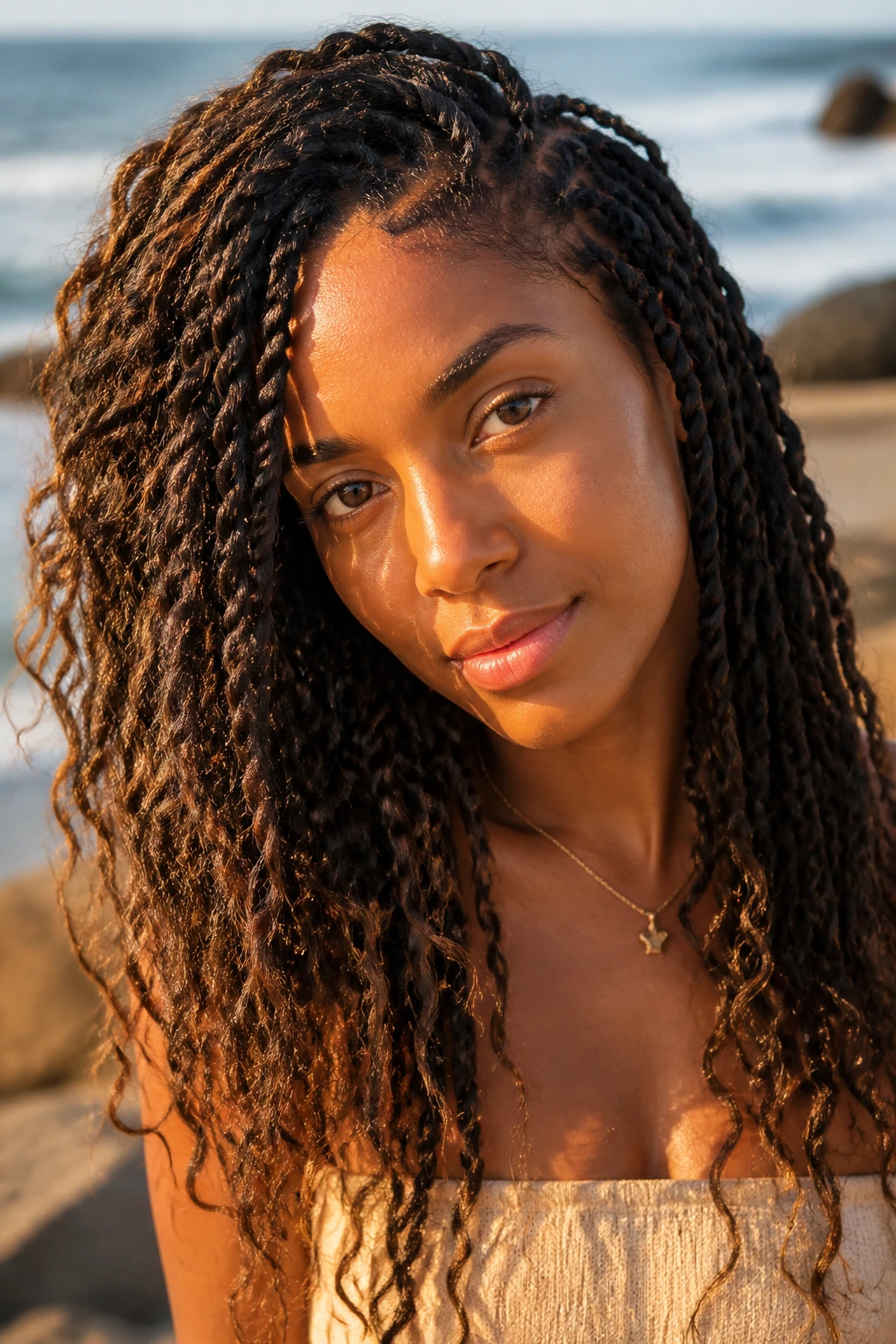 Close-up portrait of a real woman with bohemian twists at the beach