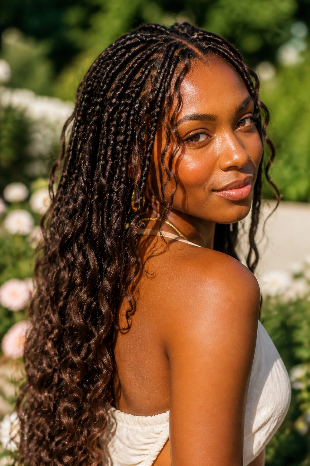 Close-up of a woman with boho braids in a sunny garden