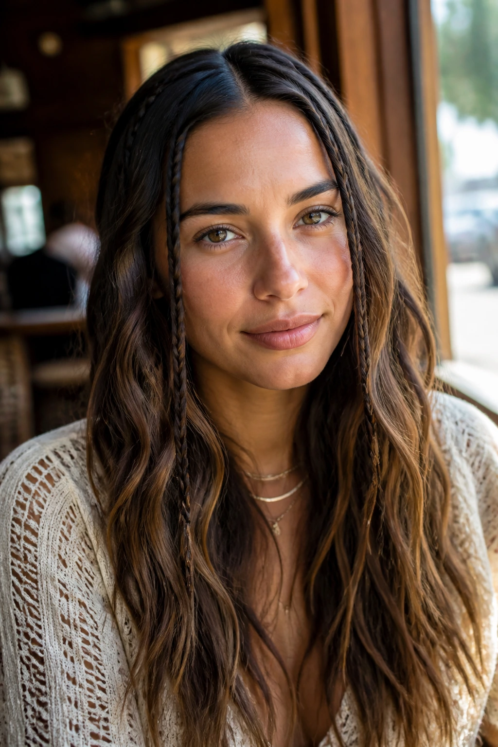 Close up of real woman with boho braids and loose waves in warm cafe light
