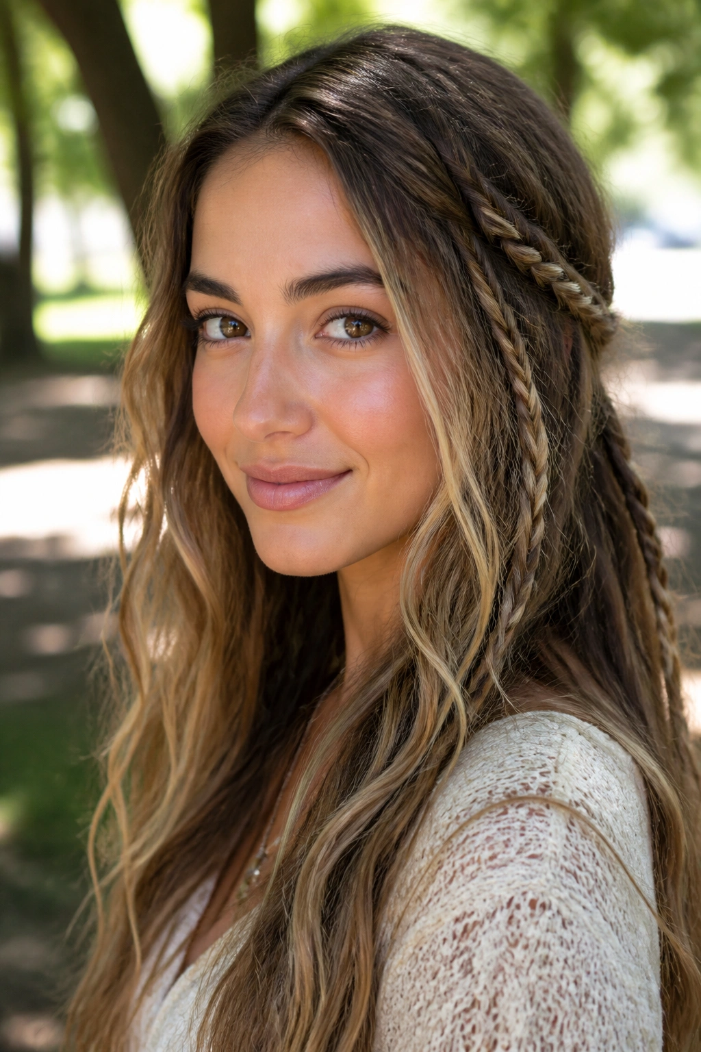 Close-up of a real woman with boho braids woven into undone waves