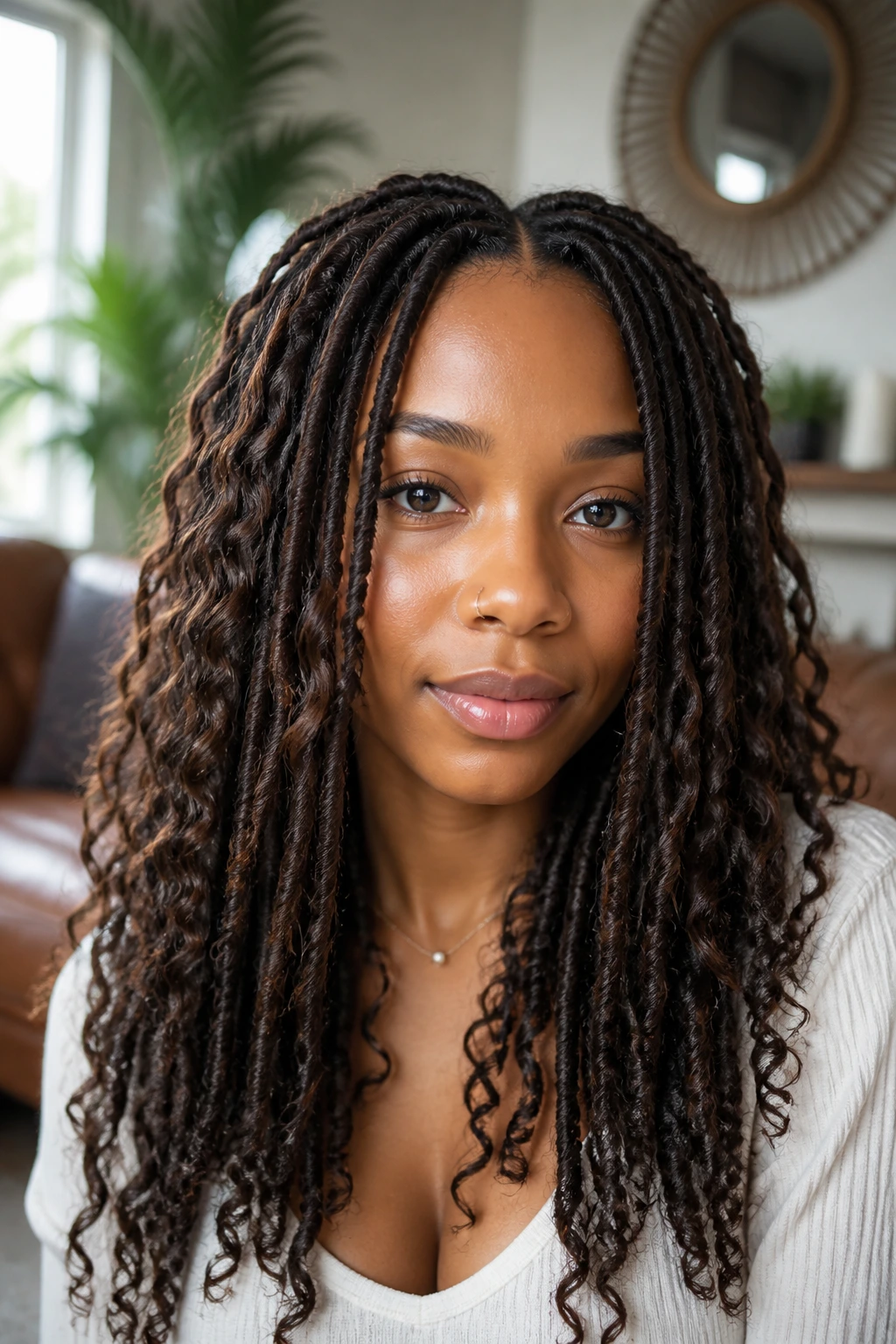 Real person with center-part boho goddess locs and loose curls
