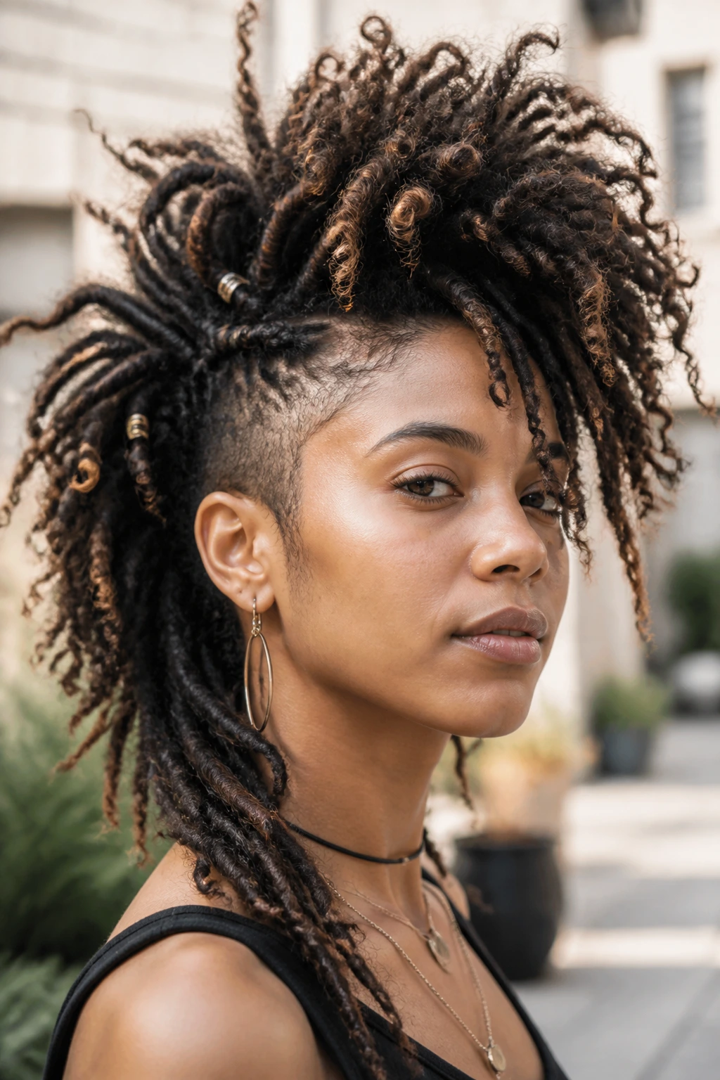 Close-up of messy boho locs mohawk on real person outdoors