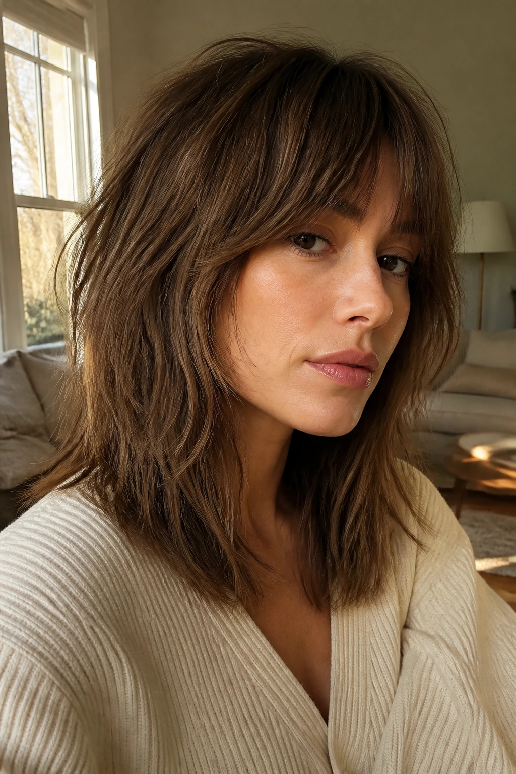Close-up of a real woman with blunt-lined boho shag and soft perimeter.